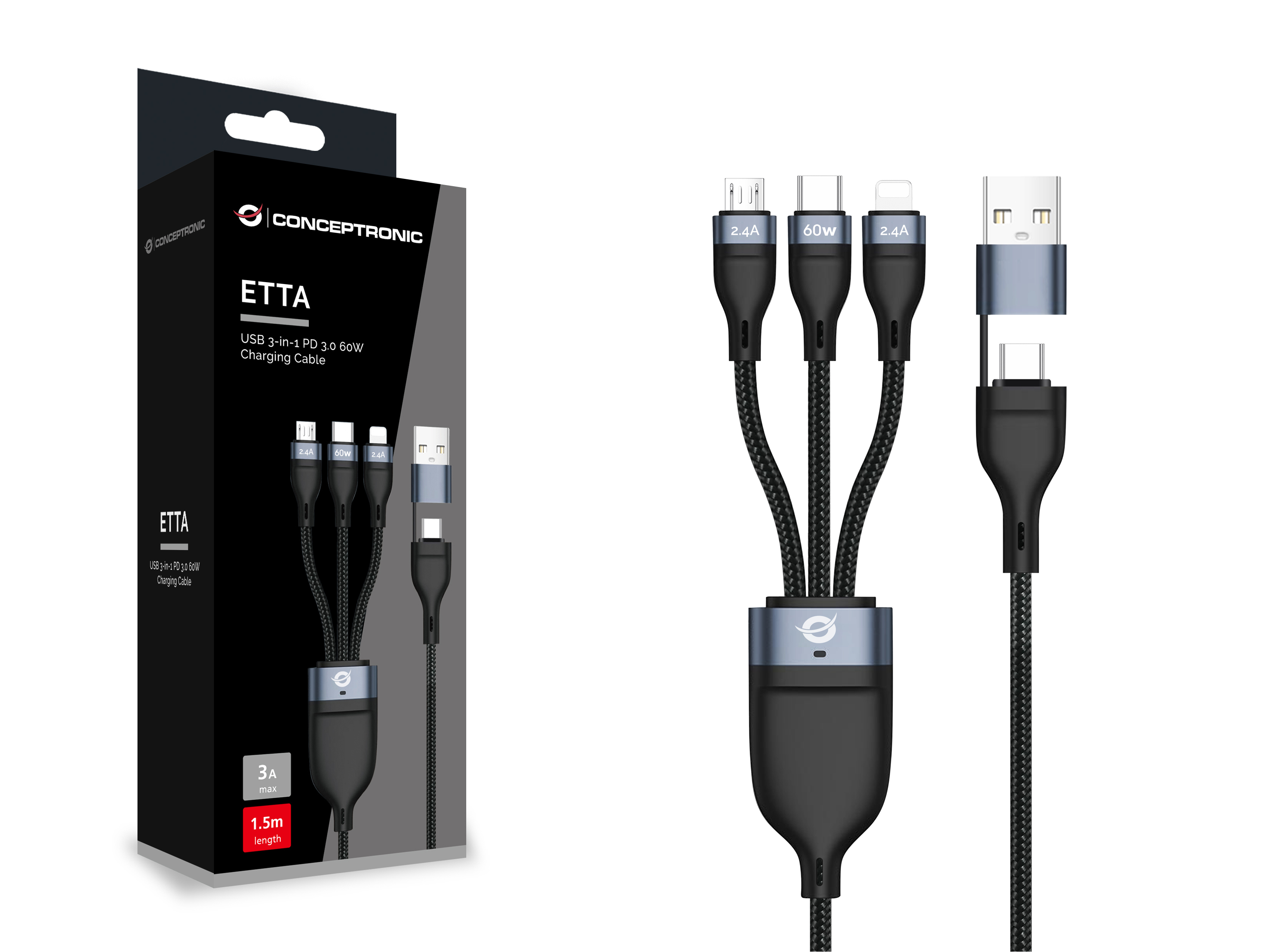 Eine Conceptronic ETTA Ladekabelbox und das Kabel selbst werden gezeigt. Das Kabel hat mehrere Anschlüsse.