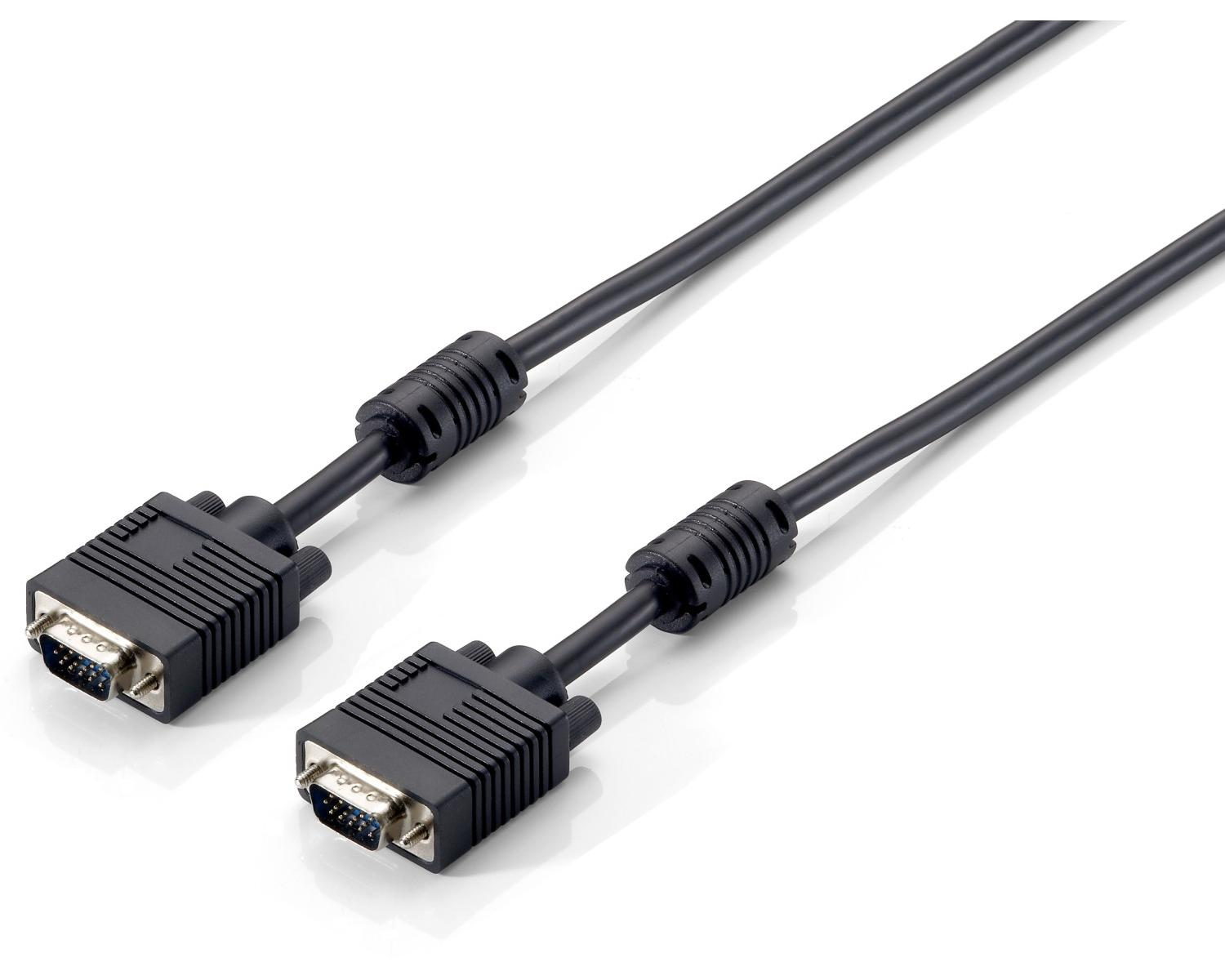 Zwei schwarze VGA-Kabel auf weißem Untergrund. Jedes Kabel hat einen Stecker mit Pins. Der Hintergrund ist weiß.
