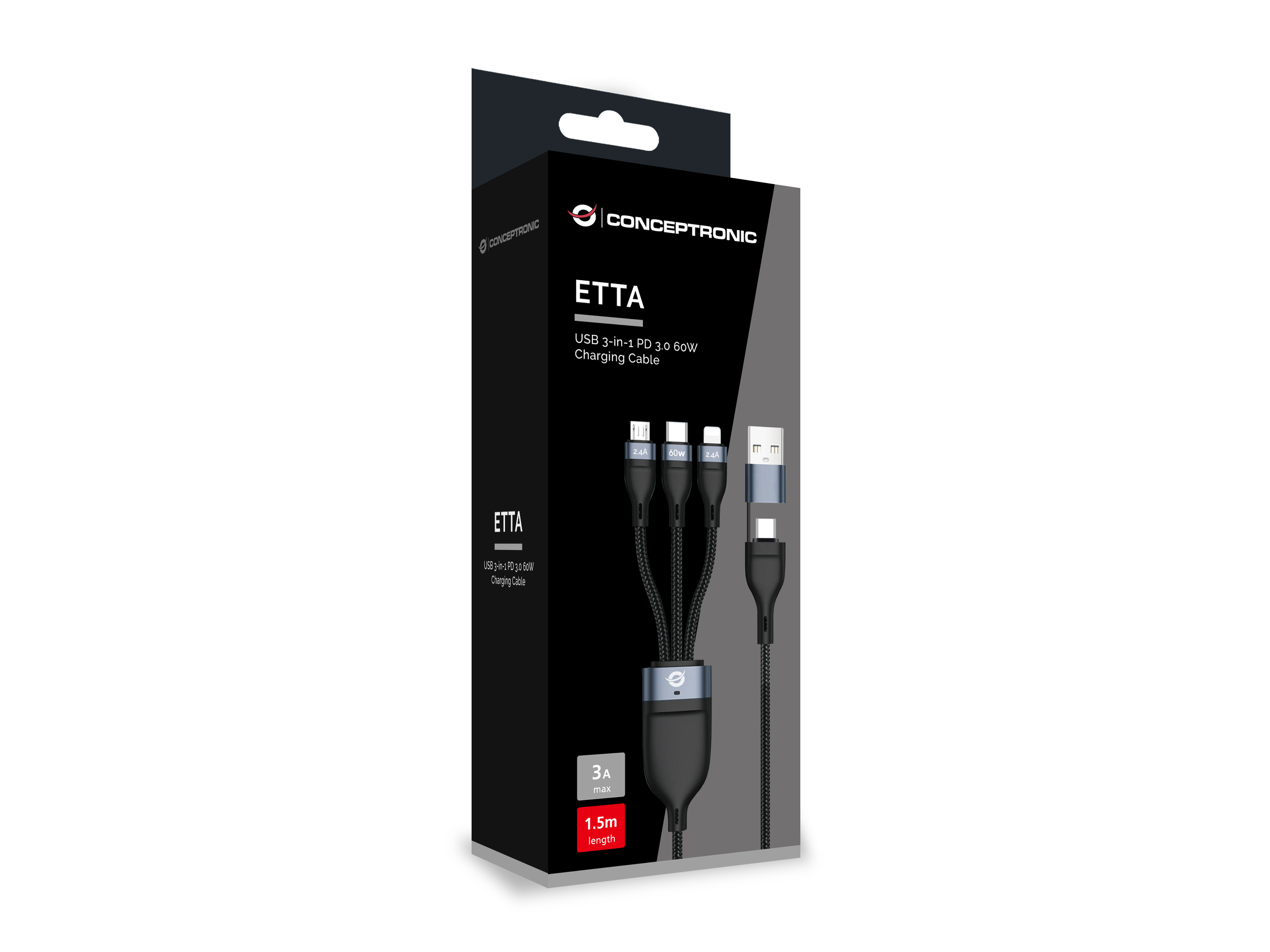 Produktbox für ein Conceptronic ETTA USB-Ladekabel. Schwarze Box mit Text und drei Ladekabeln.