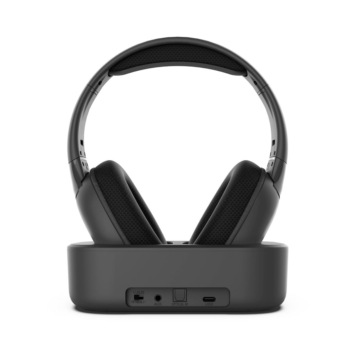 Cuffie nere su base nera. La base ha porte AUX, Optical In e USB. Le cuffie sono arcuate con morbidi padiglioni.
