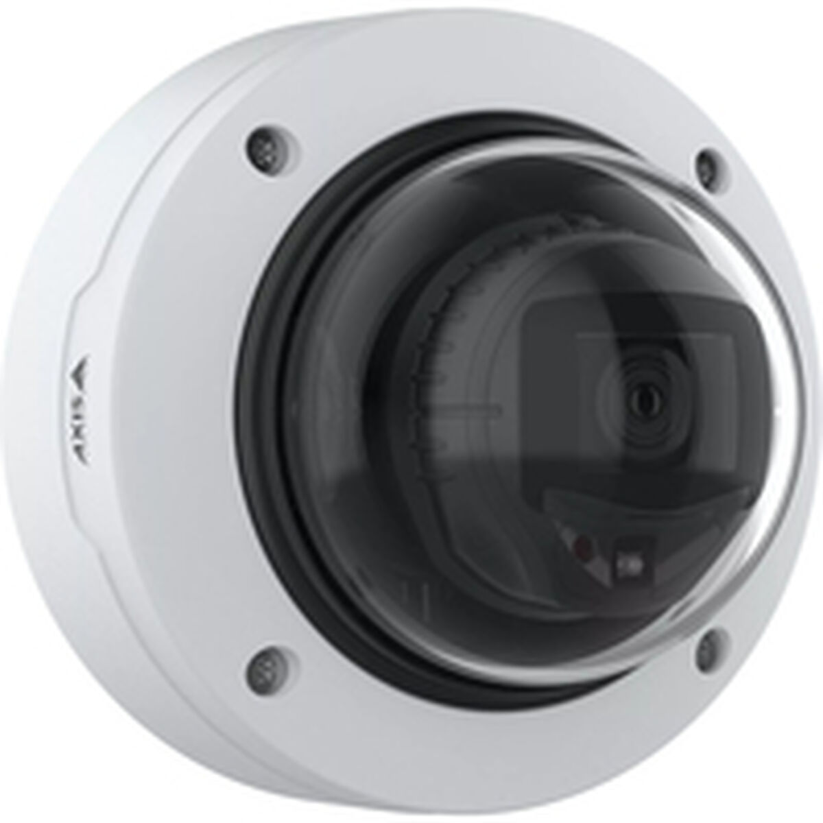 Una telecamera di sicurezza bianca con cupola trasparente. Ha una fotocamera interna nera e quattro viti sull'anello bianco.