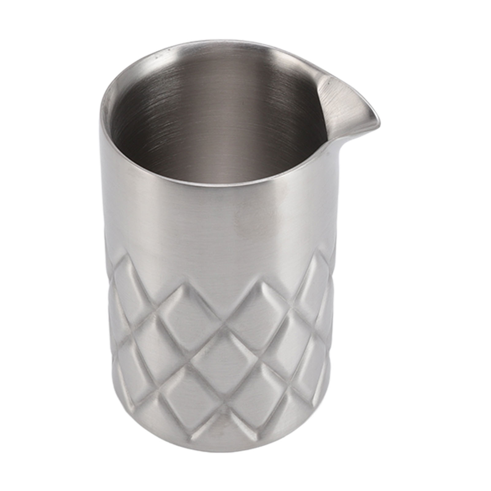 Ein Cocktail-Mischglas aus Edelstahl. Es hat ein Rautenmuster am Boden und einen Ausguss oben.