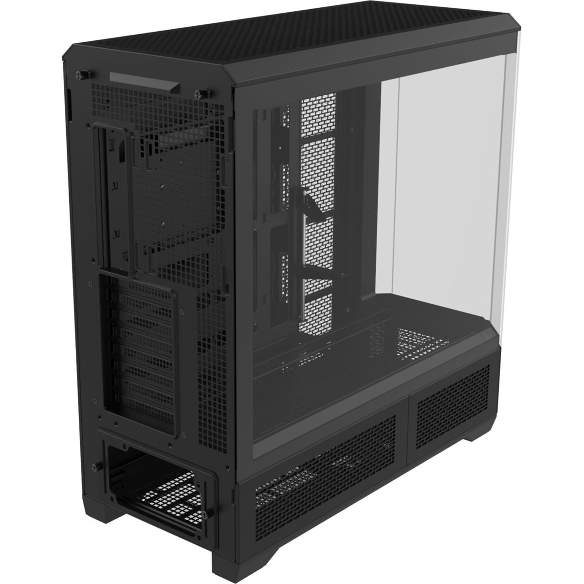 Un case per computer nero con un pannello laterale in vetro. Ha una parte anteriore e superiore a rete. L'interno è visibile attraverso il vetro.