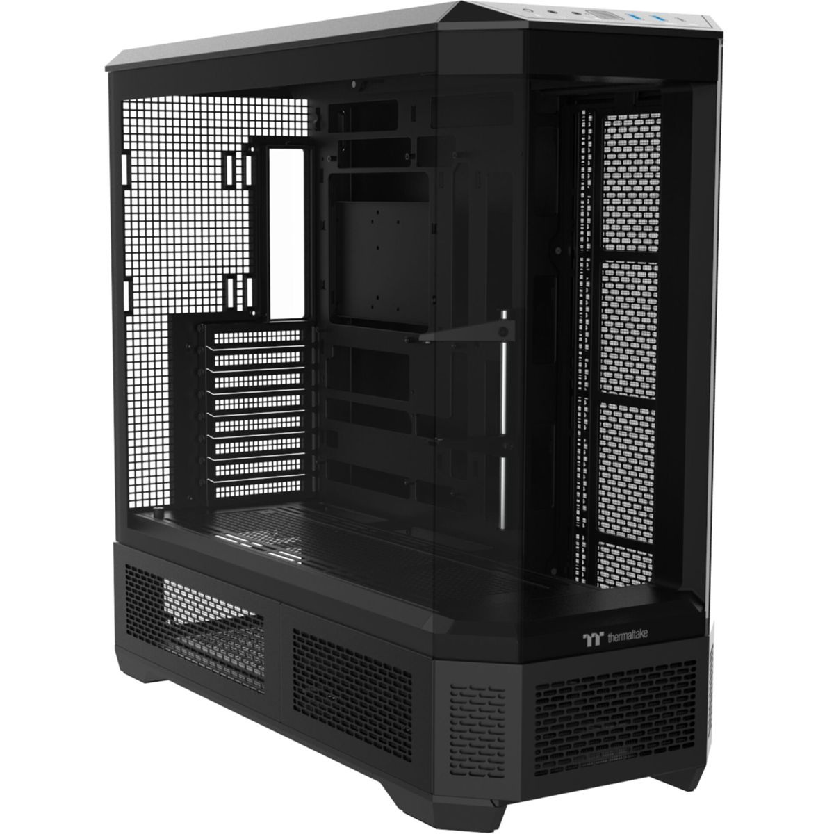 Un case per computer nero con pannello laterale in vetro, che mostra i componenti interni. Ha pannelli a rete per la ventilazione e il logo Thermaltake.
