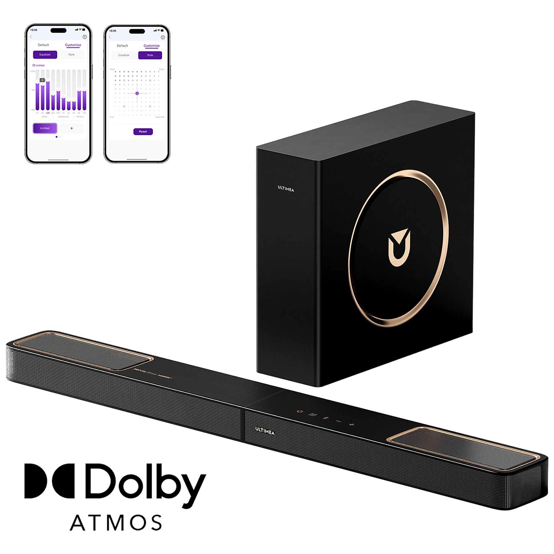 Soundbar, subwoofer i dwa telefony wyświetlające interfejs korektora. Logo Dolby Atmos na dole.