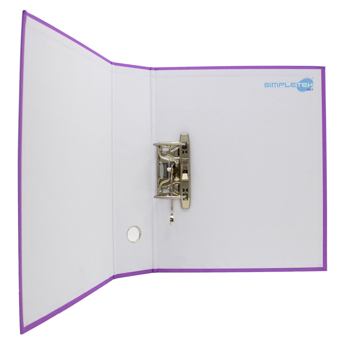 Raccoglitore bianco aperto con bordi viola. Anelli metallici e un piccolo foro a sinistra. Logo Simpletek a destra.