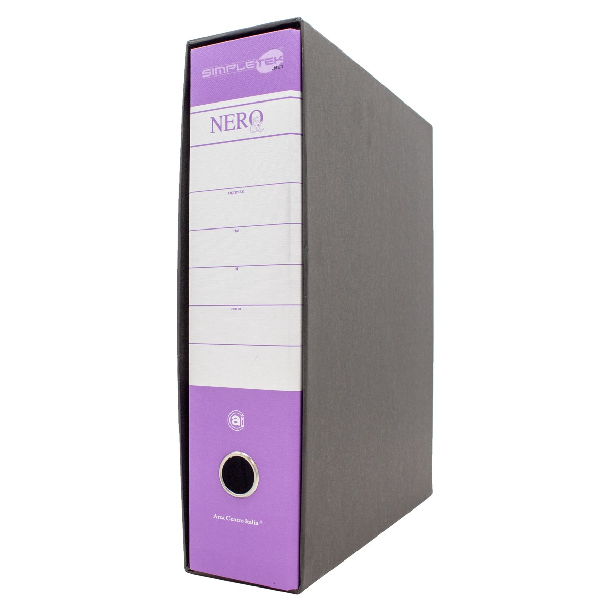 Un raccoglitore grigio e viola è in posizione verticale. La parte anteriore ha etichette, la parola 'NERO' e un cerchio nero. Lo sfondo è bianco.
