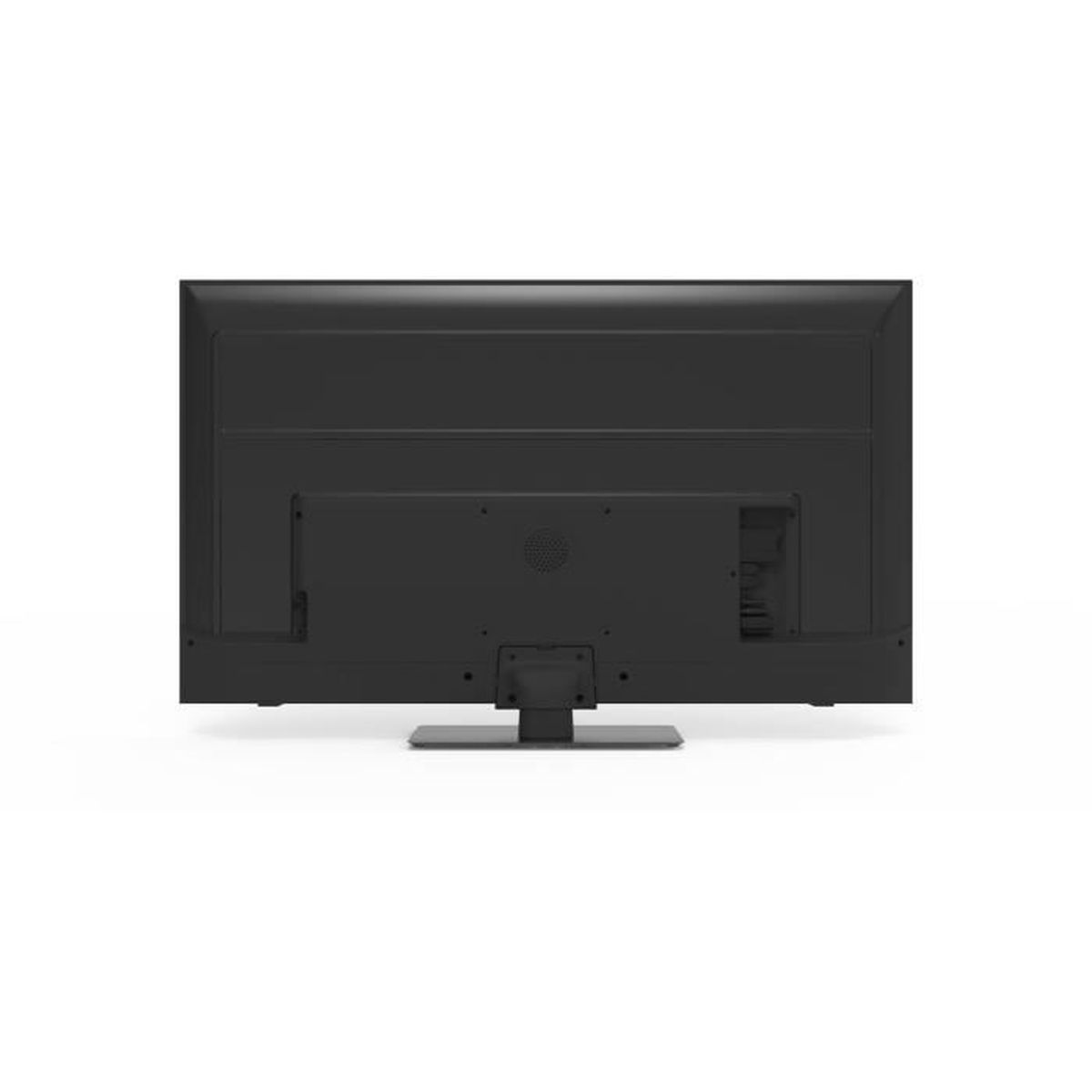 La parte trasera de un televisor de pantalla plana negro sobre un fondo blanco. Tiene un soporte, puertos y un altavoz.