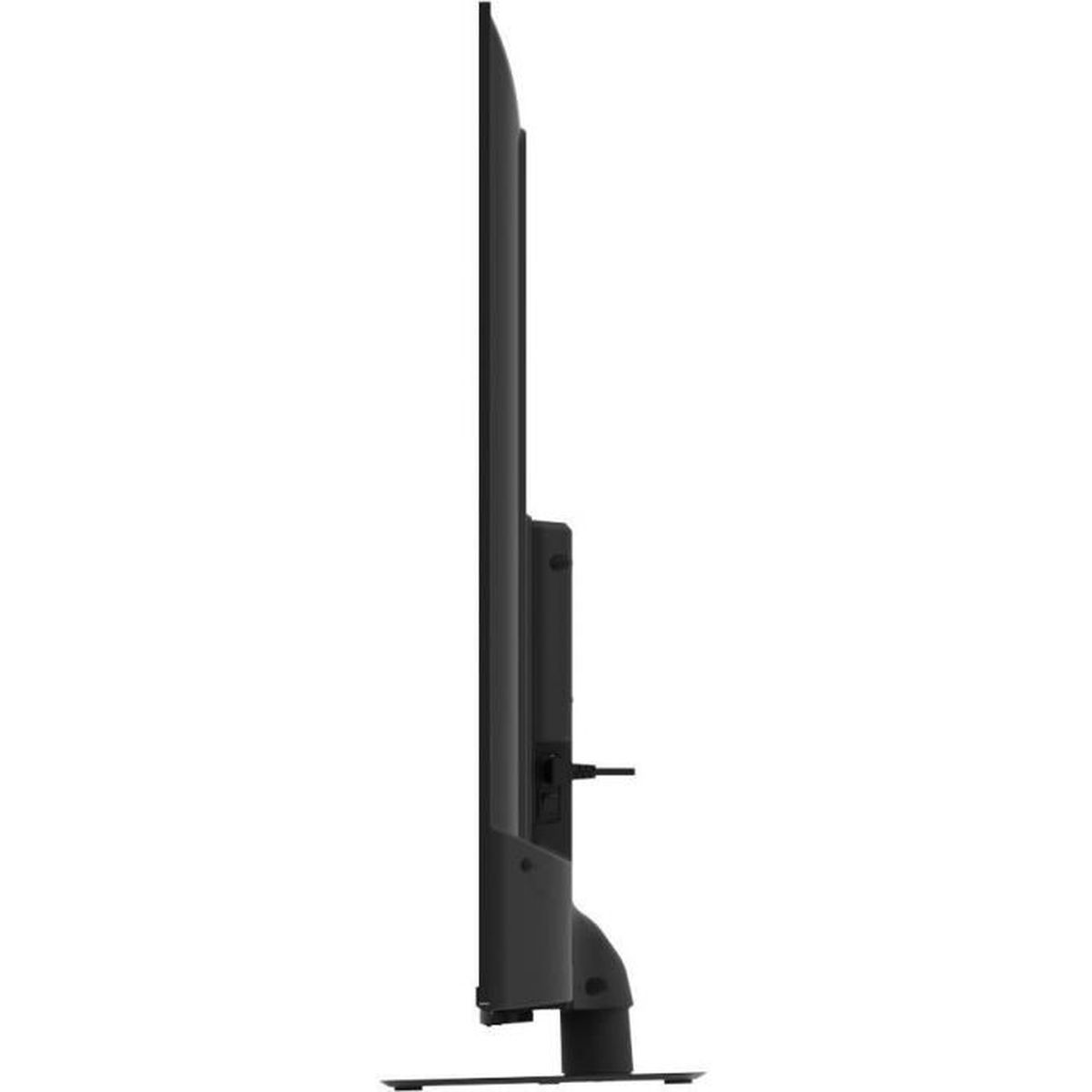 Vista lateral de un televisor negro y delgado. La pantalla es negra, con un soporte en la parte inferior. El fondo es blanco.