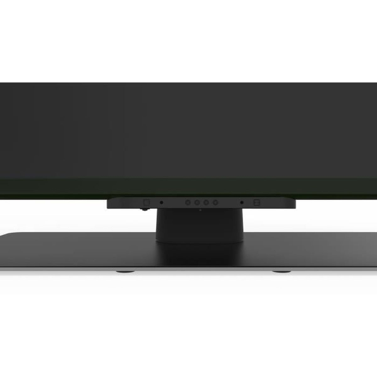 Un monitor negro está soportado por un soporte negro. Hay cuatro botones circulares debajo de la pantalla. El fondo es blanco.