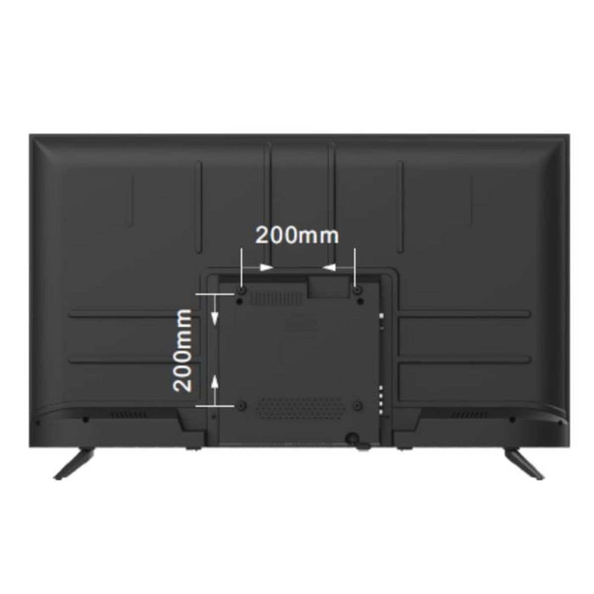 Rückseite eines schwarzen Fernsehers mit Maßen: 200 mm Breite und 200 mm Höhe. Füße sind an den unteren Ecken sichtbar.
