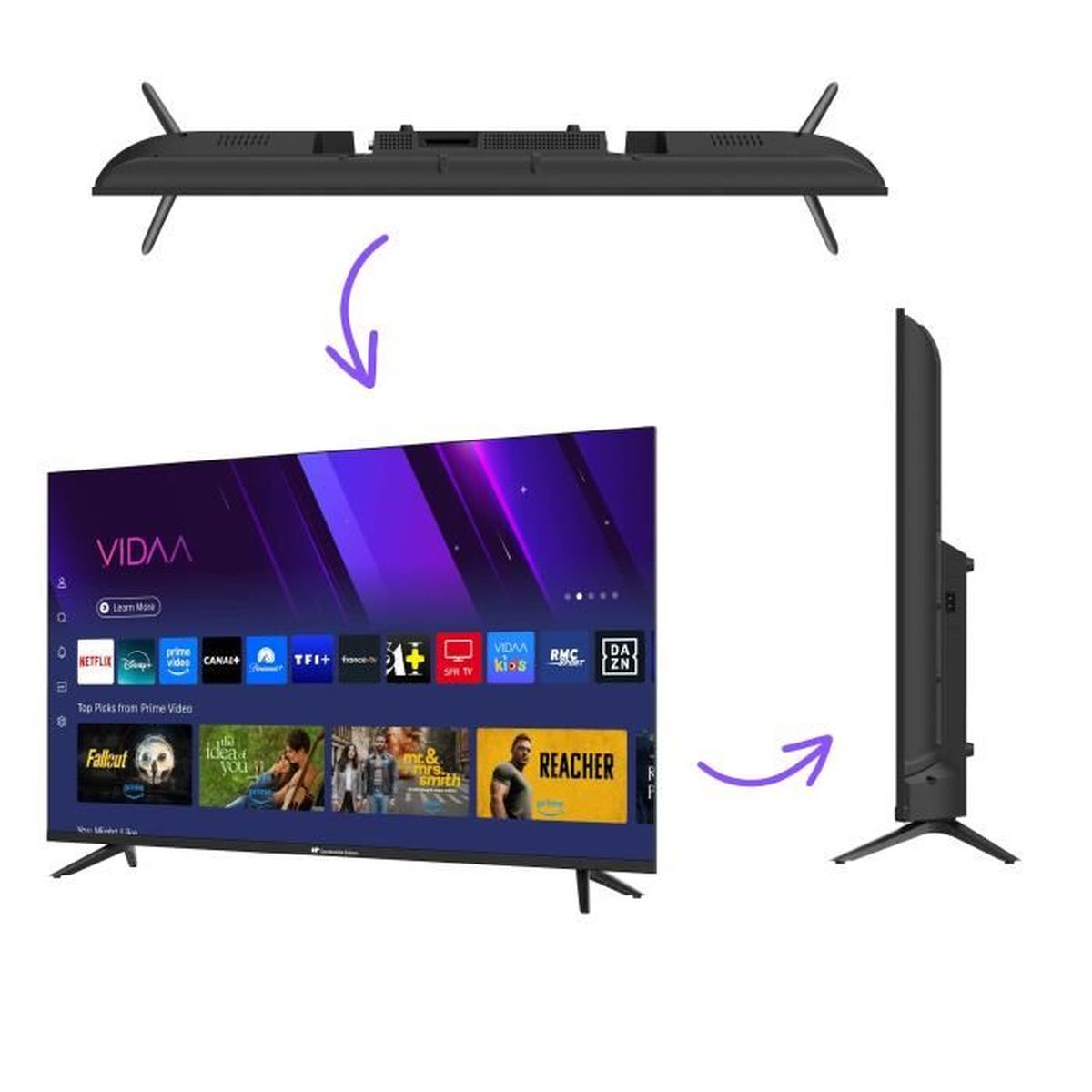 Ein Fernseher wird aus drei Blickwinkeln gezeigt. Der Bildschirm zeigt das VIDAA-Logo und Streaming-Apps wie Netflix. Der Fernseher ist schwarz.