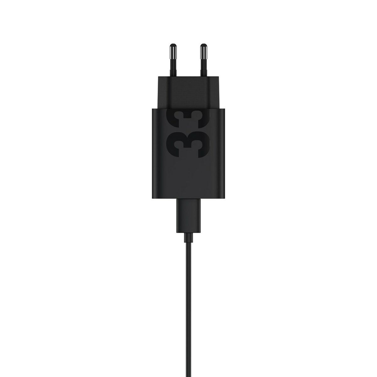 Un chargeur de téléphone noir avec un long câble noir. Le chargeur a deux broches et le numéro 33.