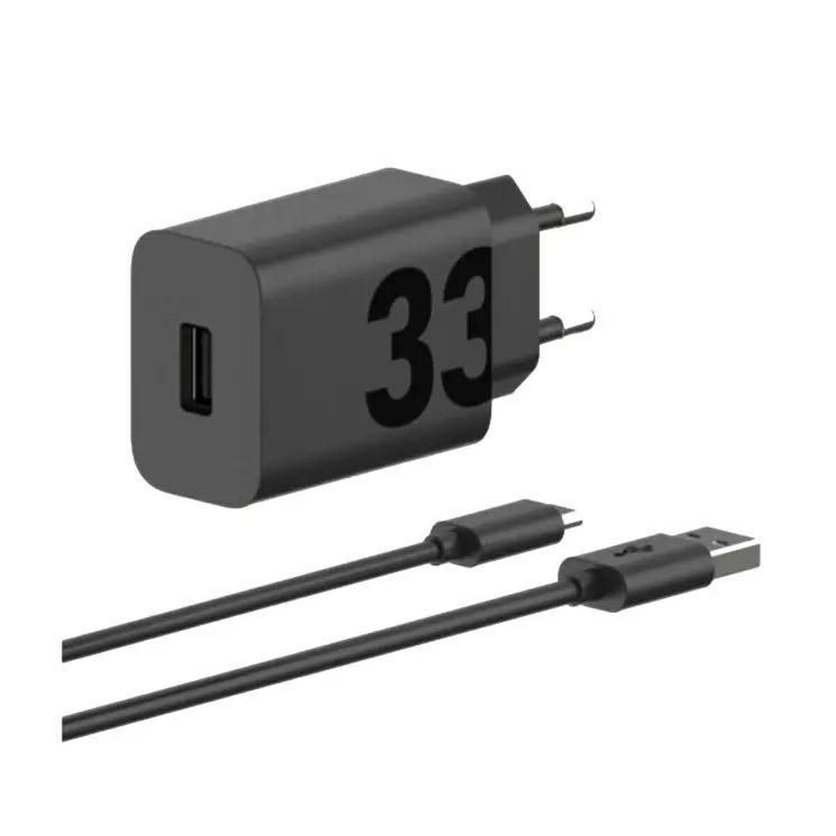 Un chargeur de téléphone noir avec le numéro 33. Un câble de charge noir est connecté au chargeur.