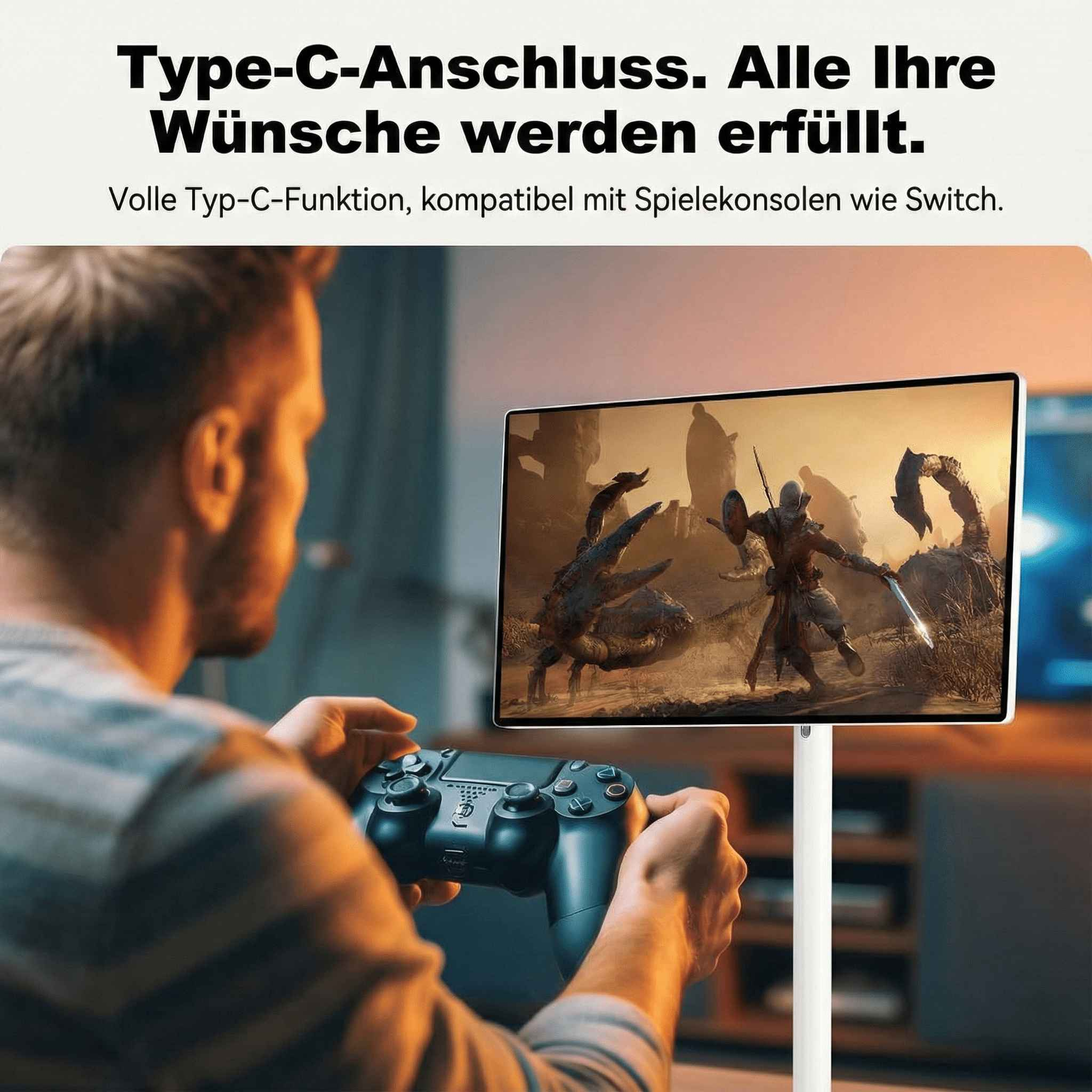 Ein Mann hält einen Controller und spielt ein Spiel auf einem Bildschirm. Der Text oben lautet: Type-C-Anschluss.