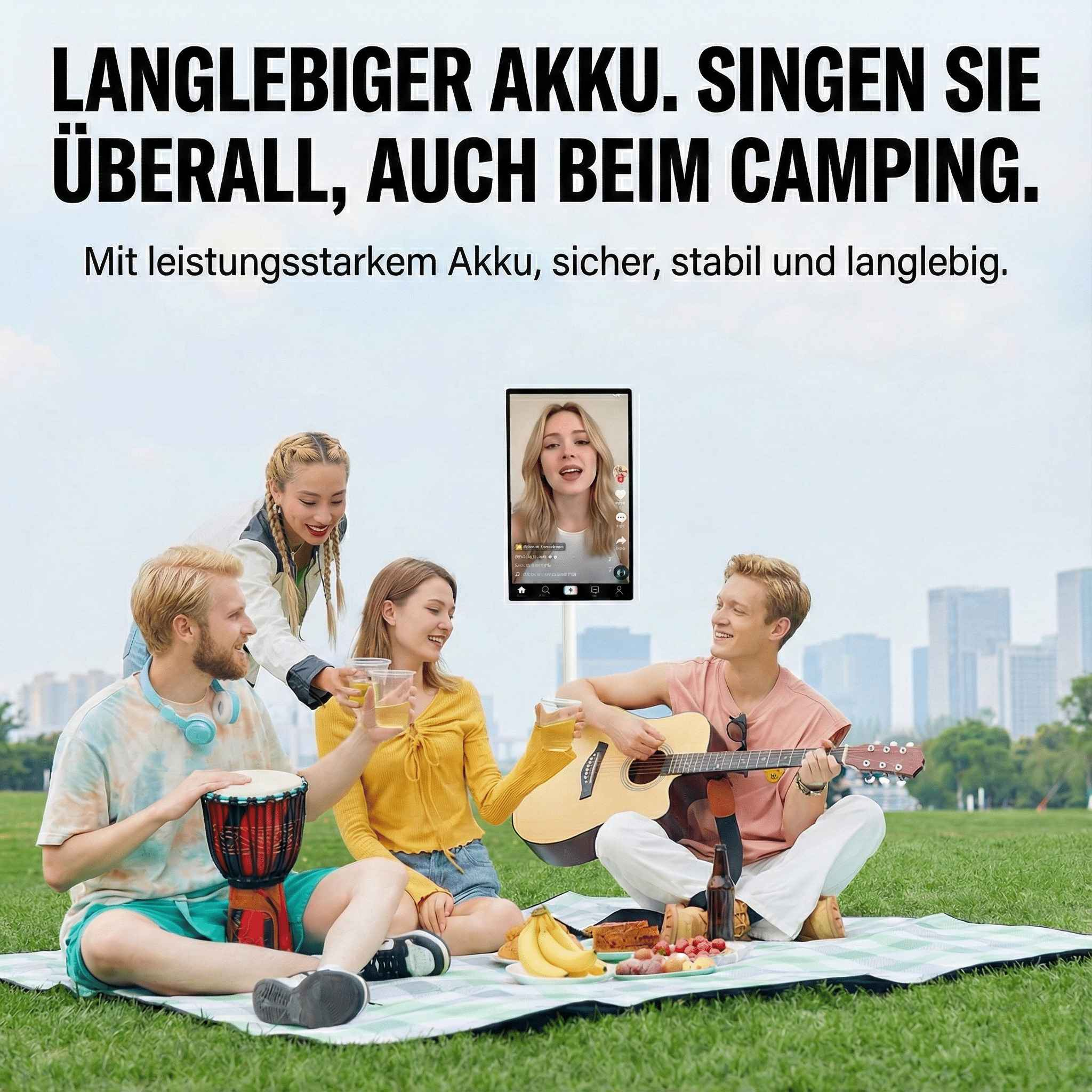 Freunde beim Picknick, einer spielt Gitarre, ein anderer Trommel. Ein Tablet zeigt einen Videoanruf.