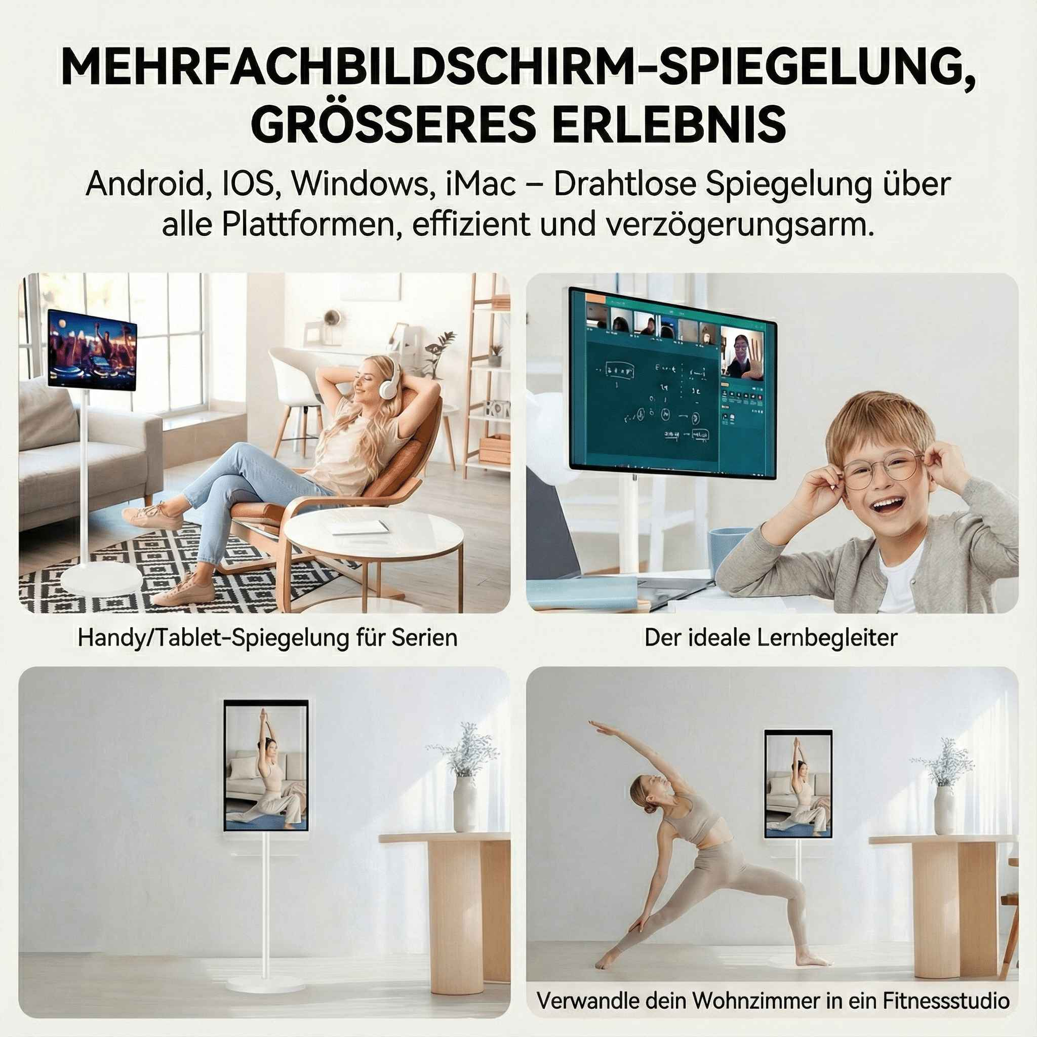 Das Bild zeigt Bildschirmspiegelung auf verschiedenen Geräten. Es zeigt Menschen, die die Technologie für Unterhaltung, Lernen und Fitness nutzen.