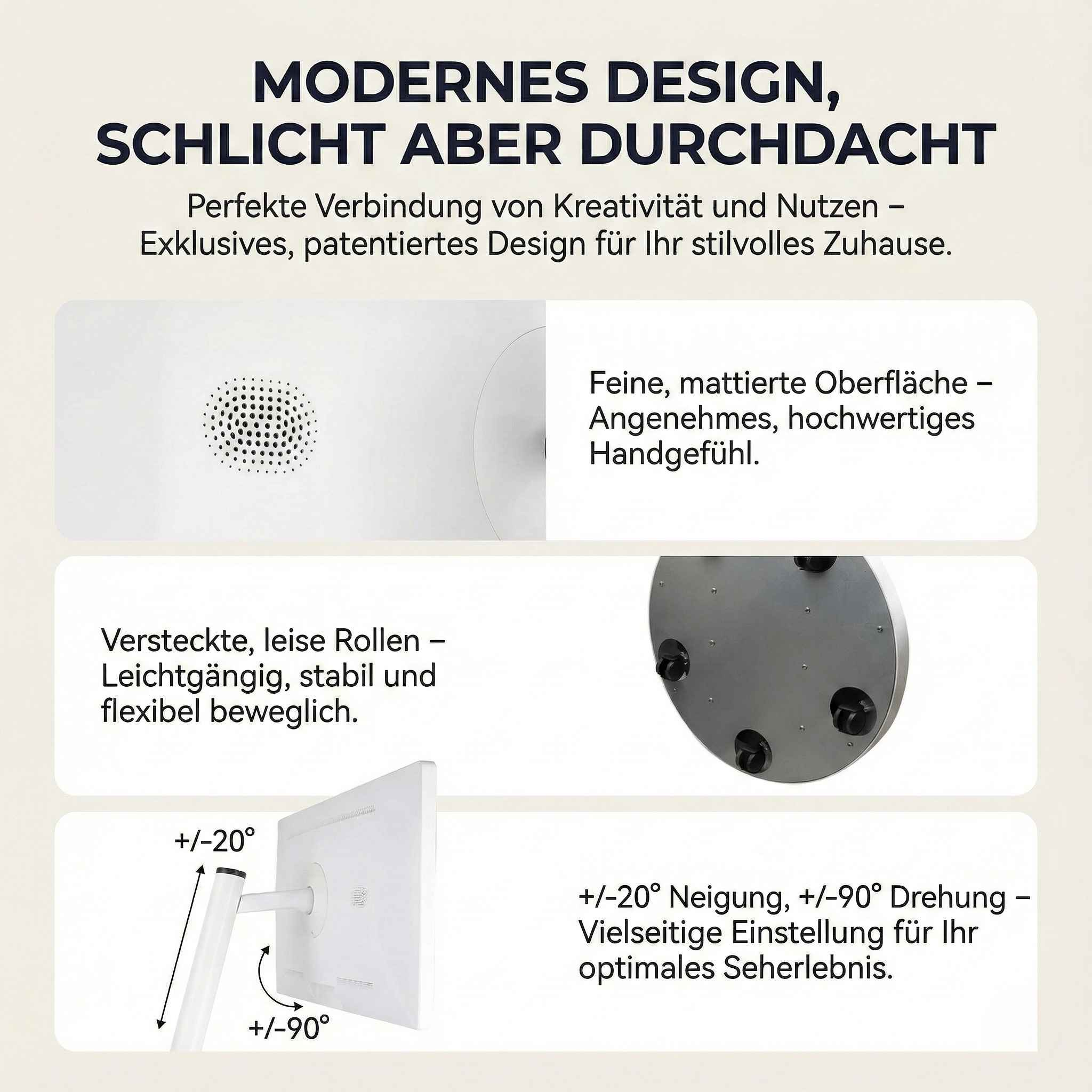 Bild zeigt Designmerkmale: matte Oberfläche, versteckte Rollen und einstellbare Neigung/Drehung für einen Monitor.