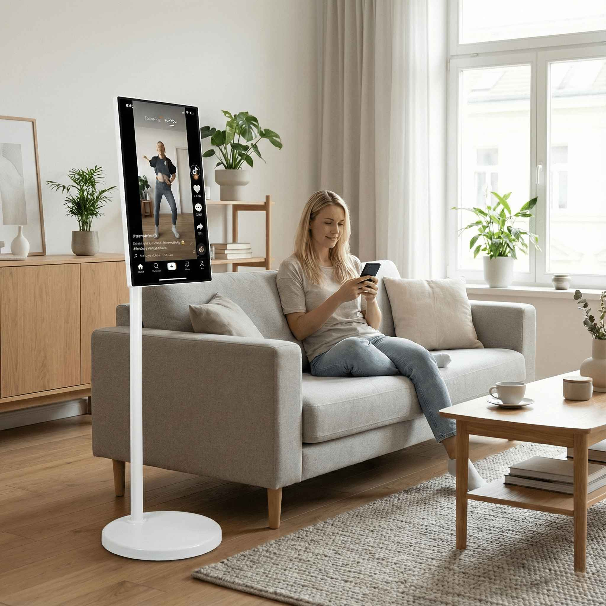 Eine Frau sitzt auf einem Sofa und benutzt ihr Telefon. Ein Tablet mit einem Video steht daneben. Pflanzen und Möbel sind sichtbar.