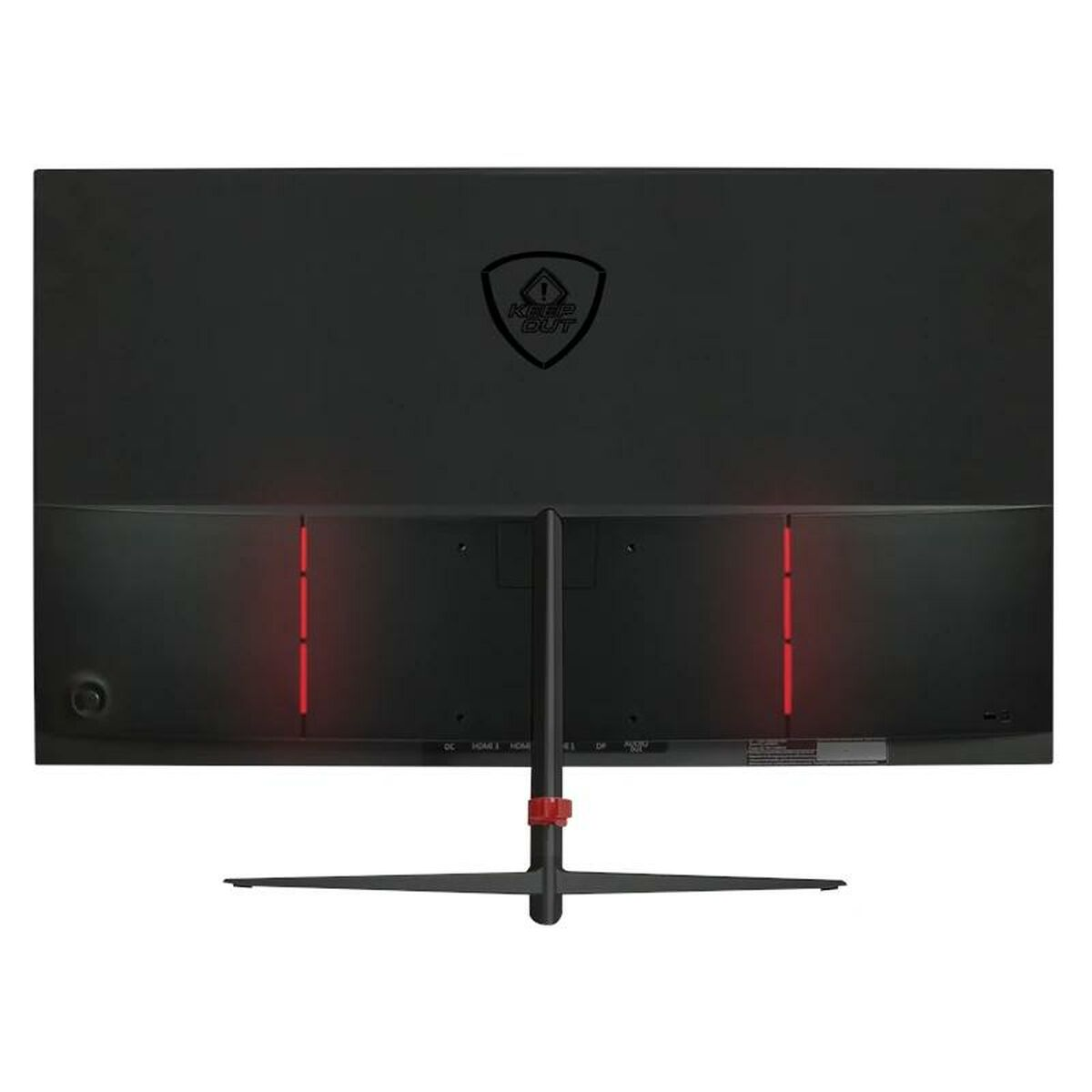 Monitor nero con supporto. Sul retro ci sono le parole "Keep Out" e luci rosse.