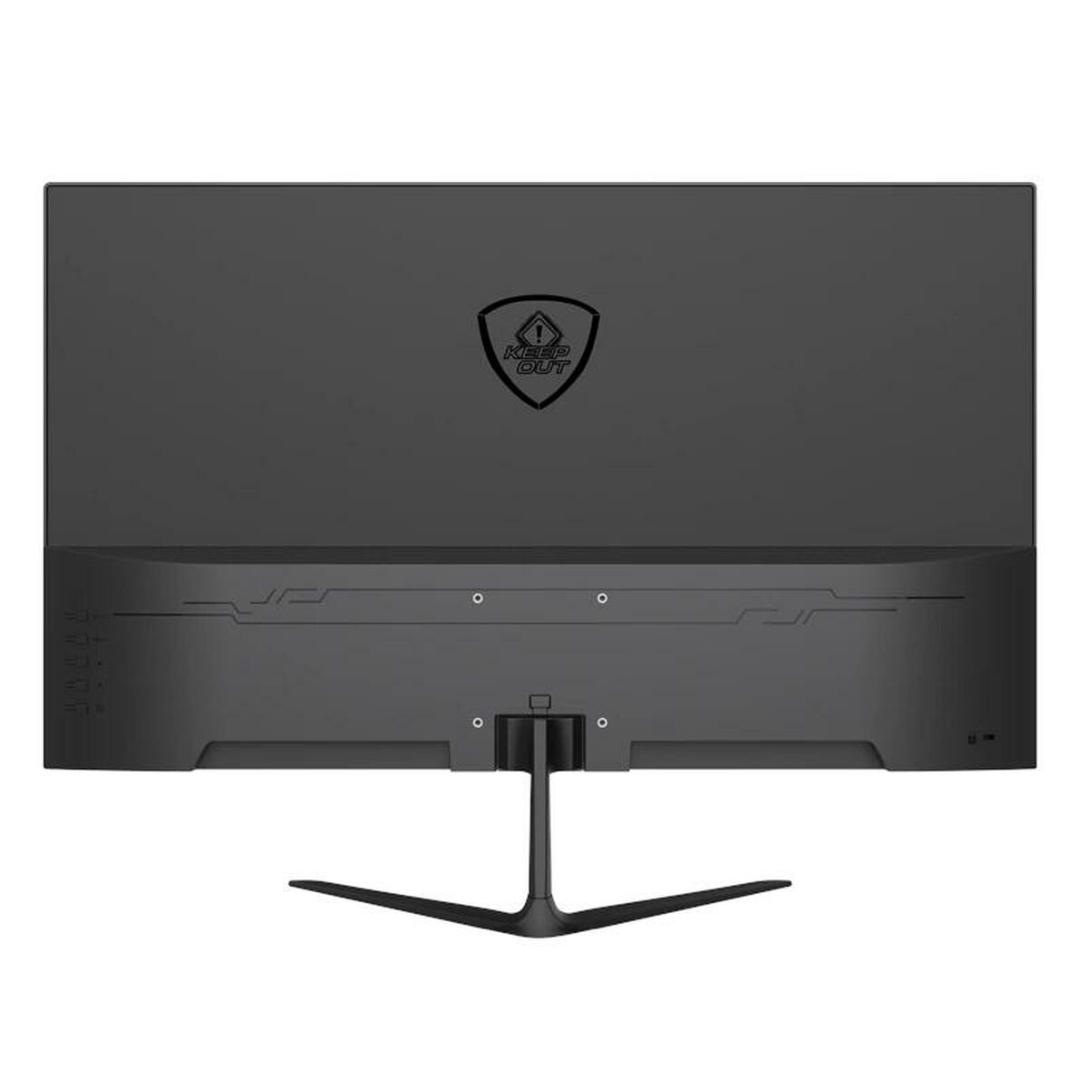 È mostrato il retro di un monitor di computer nero. Un logo con scritto 'Keep Out' è in alto. Il supporto è a forma di T.
