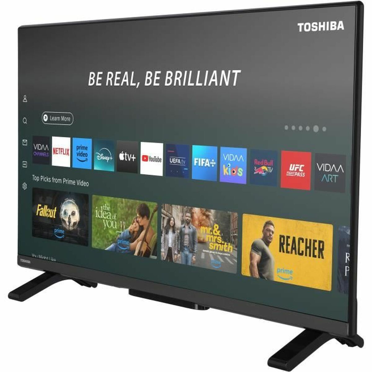 Un televisore Toshiba mostra la sua interfaccia. Lo schermo mostra app di streaming come Netflix e Prime Video. Il televisore è su un supporto.