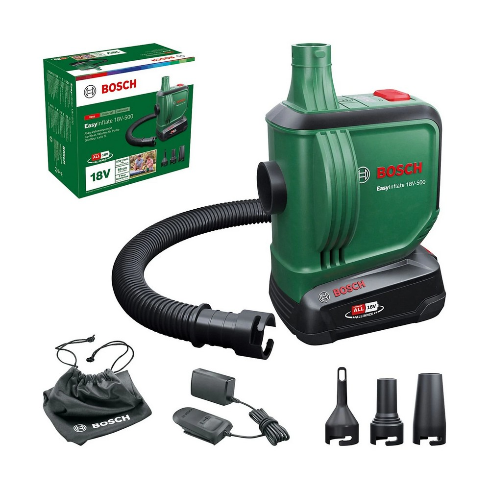 Eine grün-schwarze Bosch EasyInflate 18V-500 Luftpumpe mit Zubehör, einschließlich Box, Beutel, Ladegerät und Düsen, wird angezeigt.