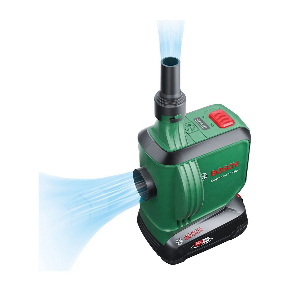Ein grüner Bosch EasyInflate 18V-500 Inflator. Luft strömt aus den oberen und seitlichen Düsen. Rote Taste, Ein/Aus-Anzeige und Batteriebasis.