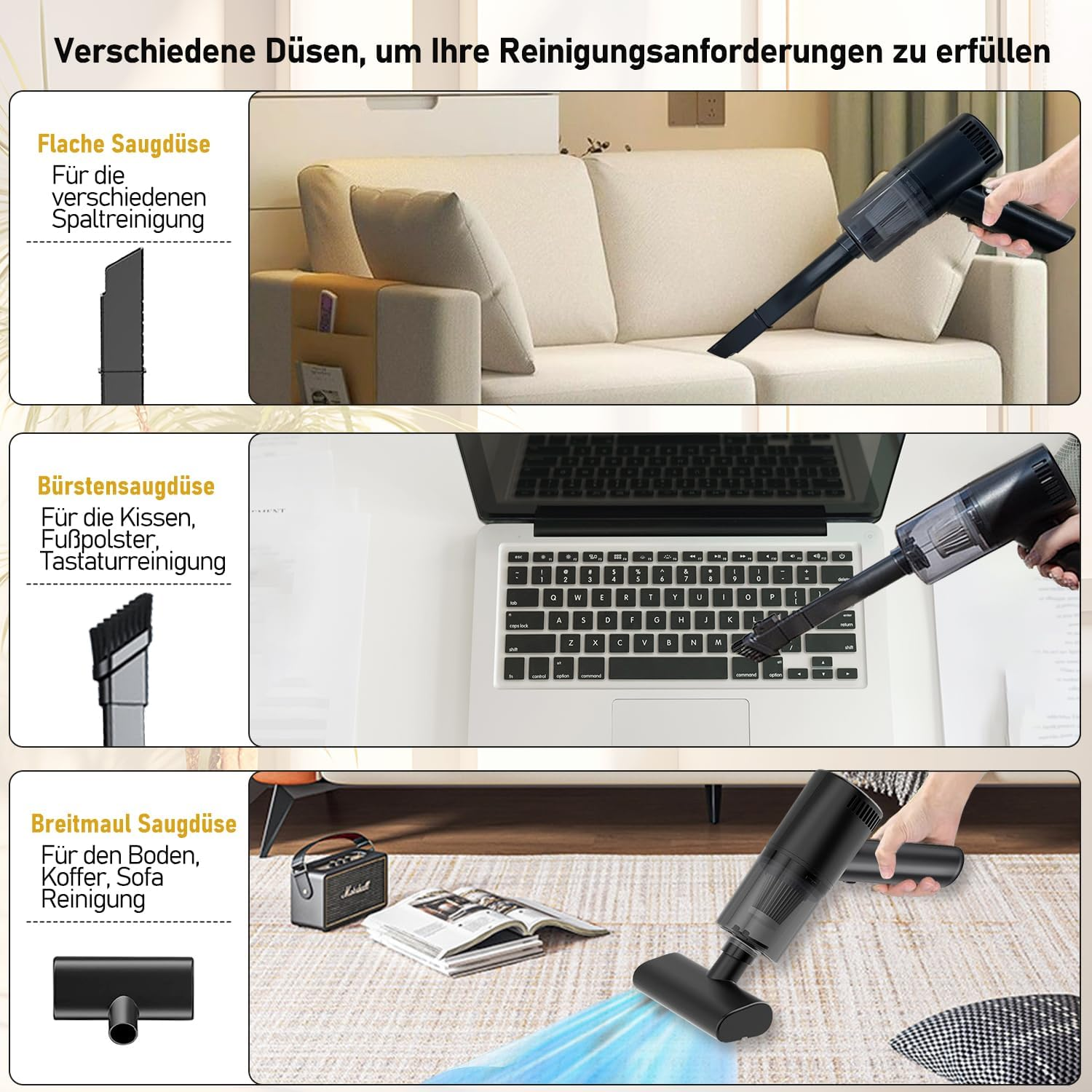 Das Bild zeigt drei Staubsaugeraufsätze für verschiedene Reinigungsaufgaben: Fugendüse, Bürste und Breitdüse. Jede wird demonstriert.