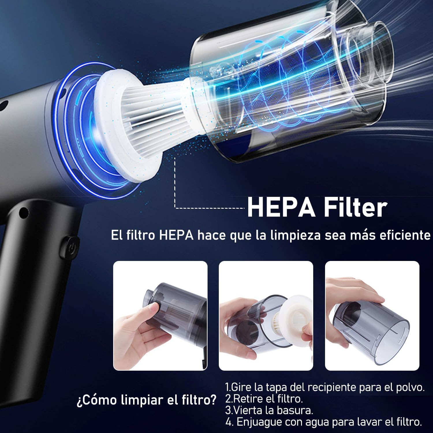Diagramm zum Reinigen eines HEPA-Filters für einen Staubsauger. Es enthält Schritte und Abbildungen zum Entfernen und Reinigen des Filters.