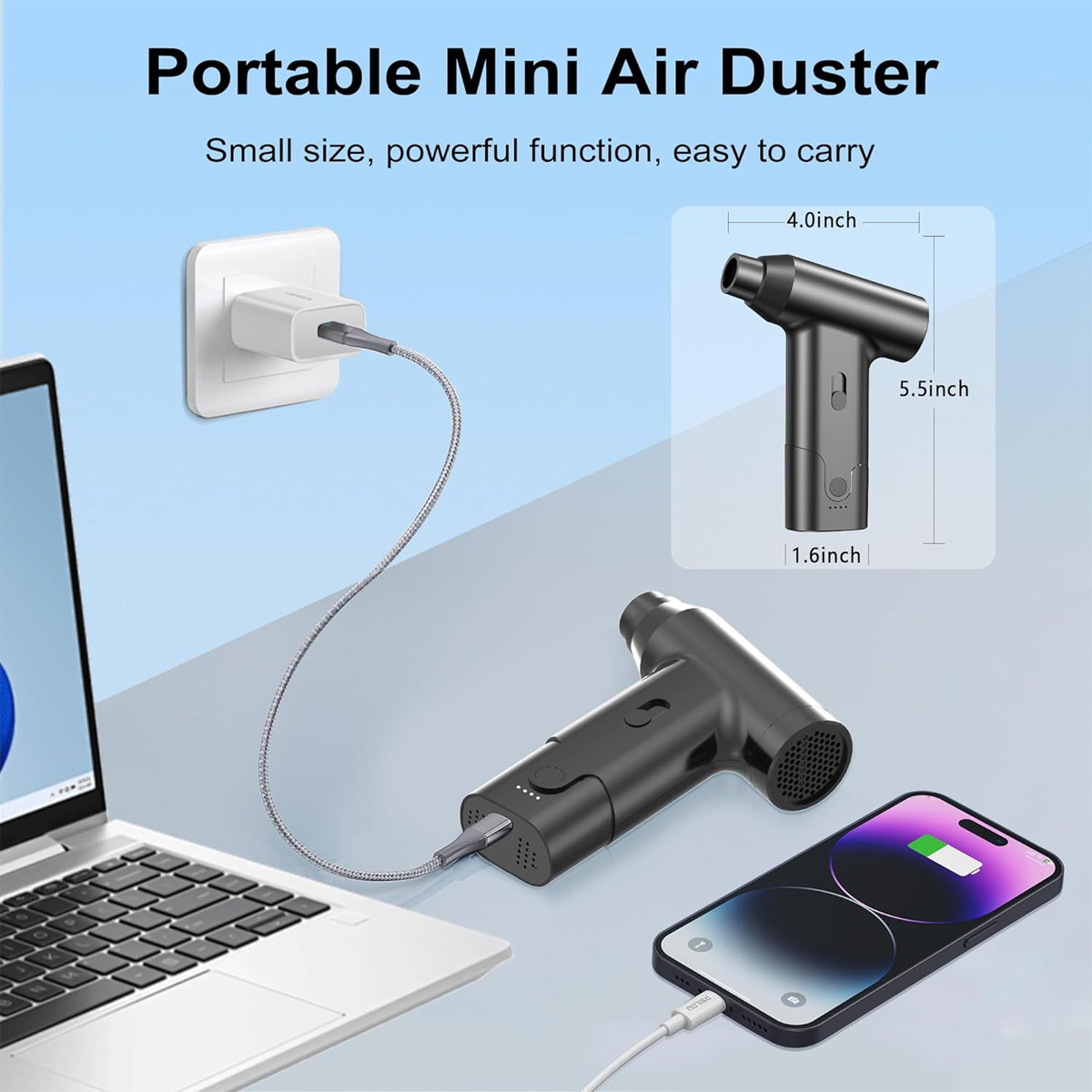 Ein Mini-Luftstaubsauger wird mit Laptop, Telefon und Ladegerät gezeigt. Der Staubsauger ist mit dem Ladegerät und dem Telefon verbunden.