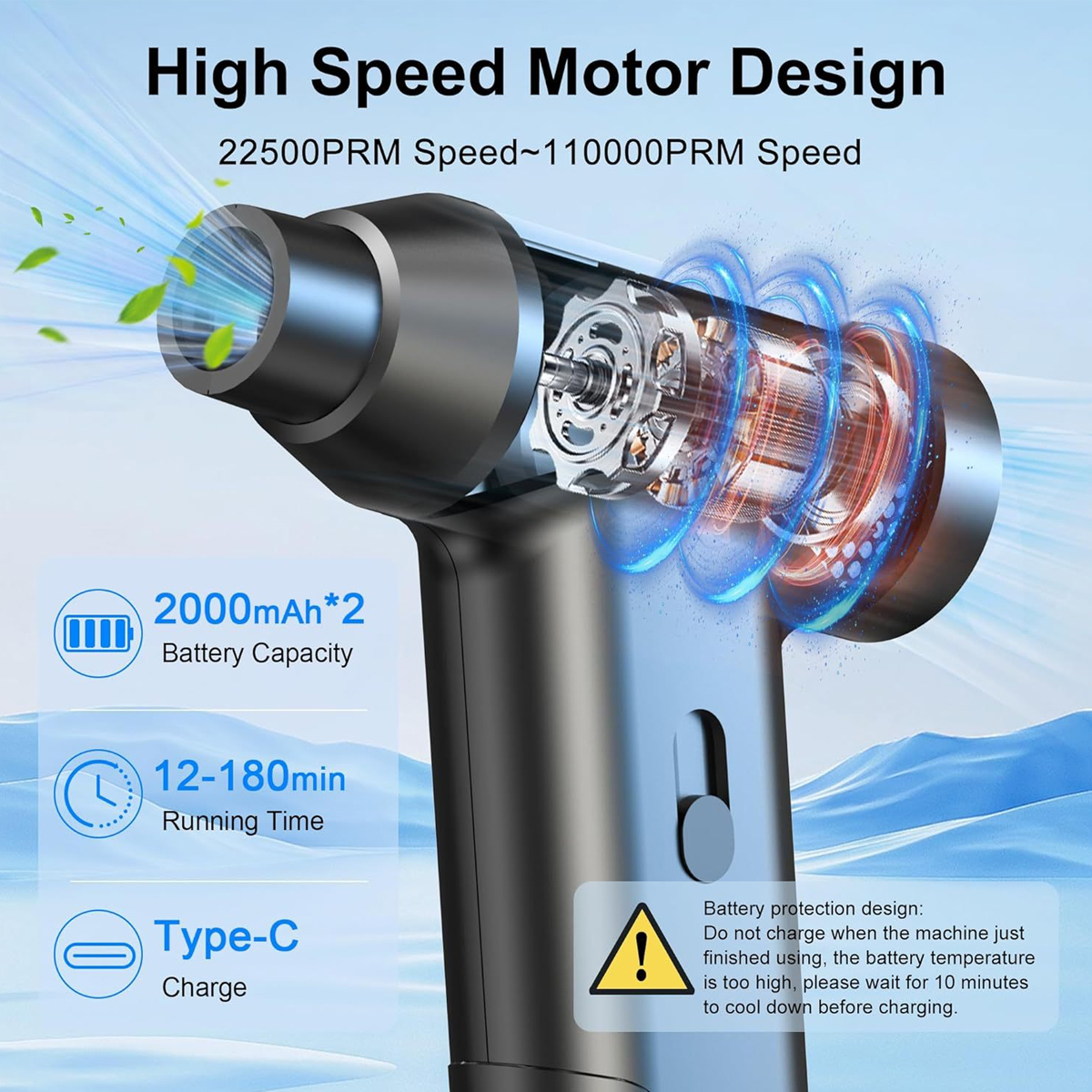 Ein Hochgeschwindigkeitsmotordesign mit Batteriekapazität, Laufzeit und Typ-C-Laden. Es zeigt auch eine Warnung zum Batterieschutz.