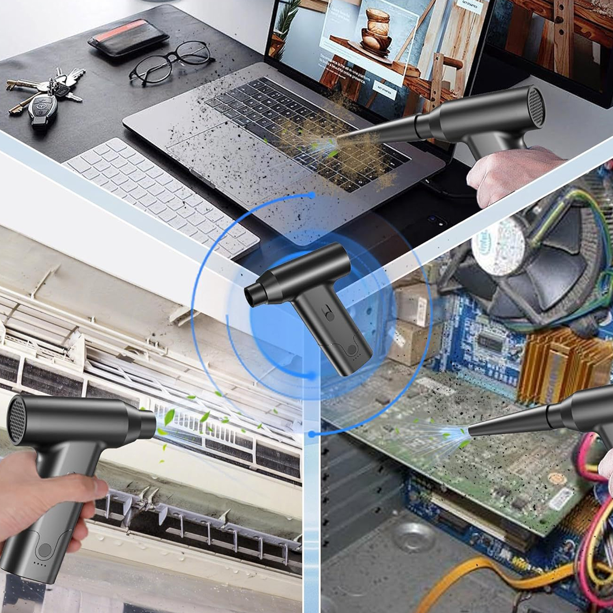Ein schwarzer Luftstaubsauger reinigt einen Laptop, eine Klimaanlage und eine Computerplatine. Staub wird weggeblasen.