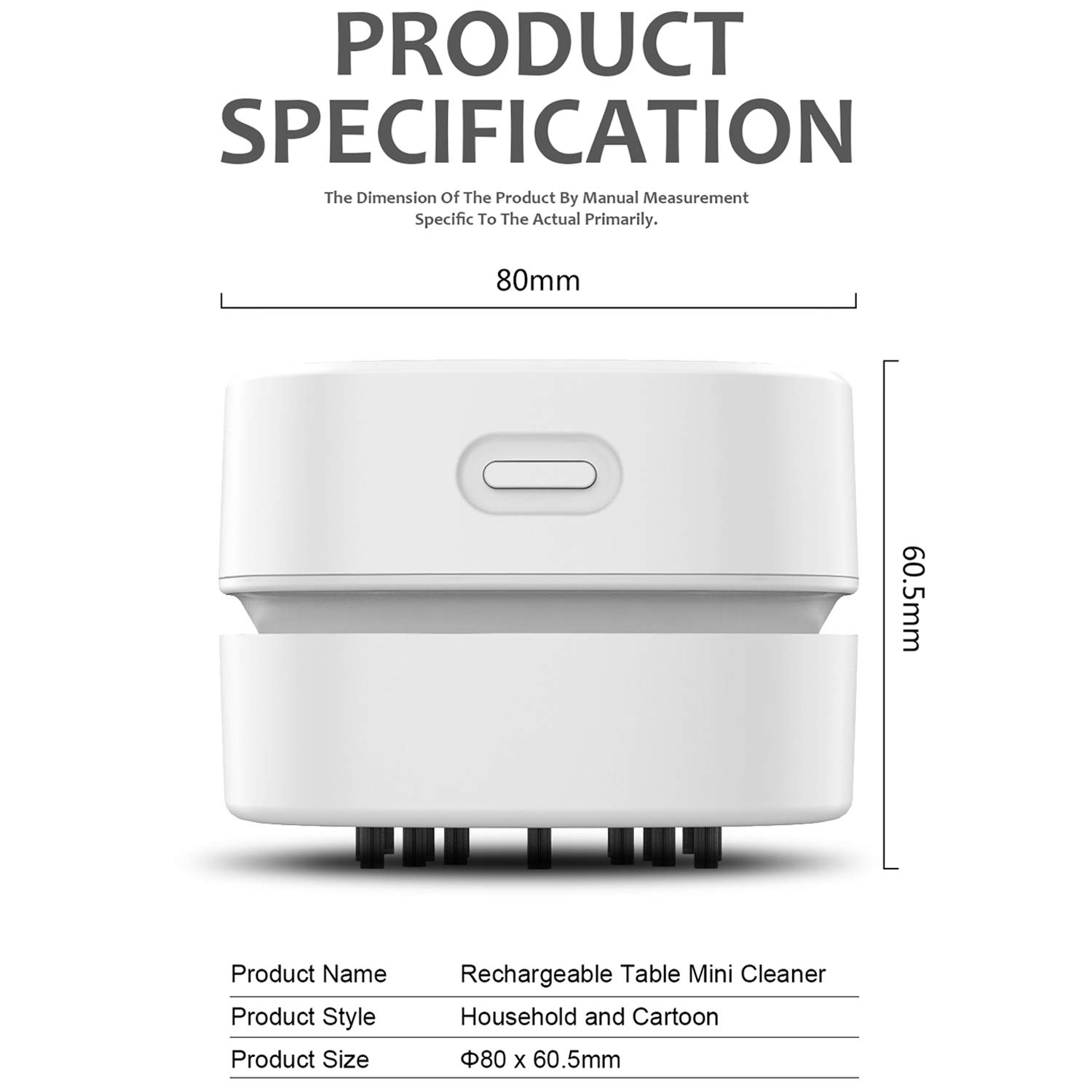 Ein weißer Mini-Reiniger mit beschrifteten Abmessungen. Text: Produktspezifikation, Produktname, Produktstil, Produktgröße. Details: 80x60,5mm.