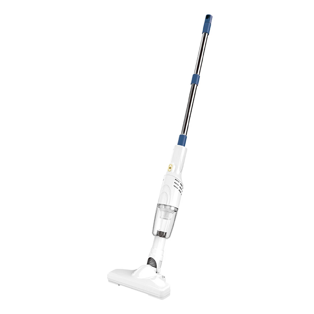 Ein weiß-blauer kabelloser Staubsauger. Er steht auf weißem Hintergrund. Der Griff ist aus Metall und ausziehbar.