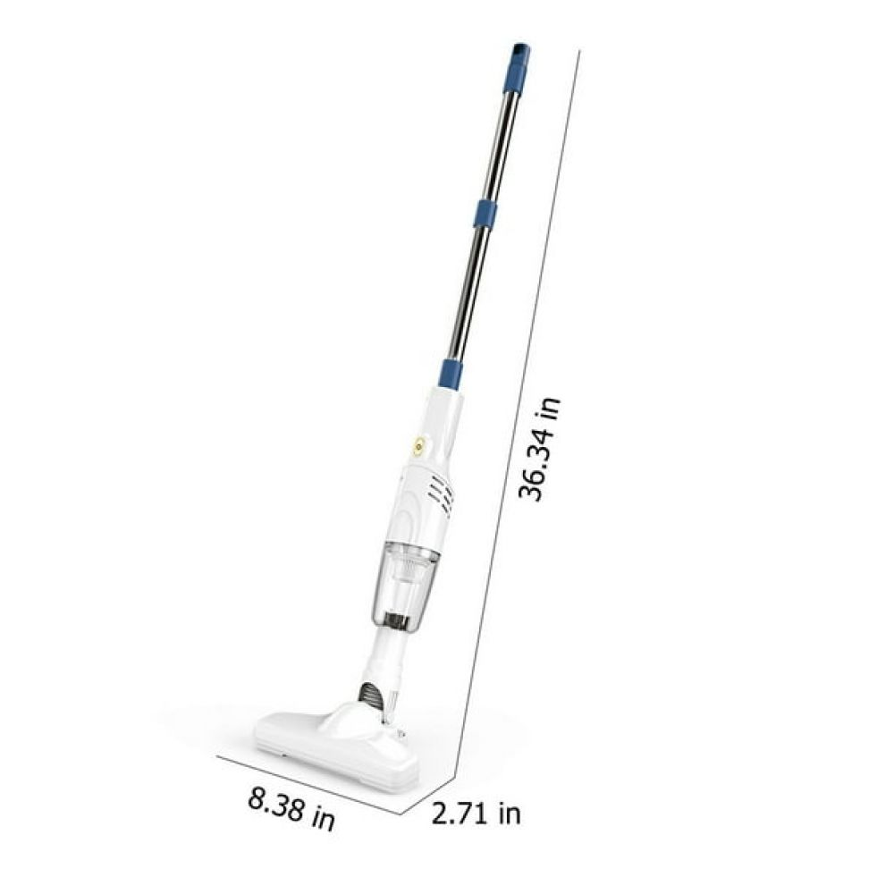 Ein weißer und blauer Mopp mit Maßen: 36,34 Zoll, 8,38 Zoll, 2,71 Zoll. Der Mopp befindet sich auf weißem Hintergrund.