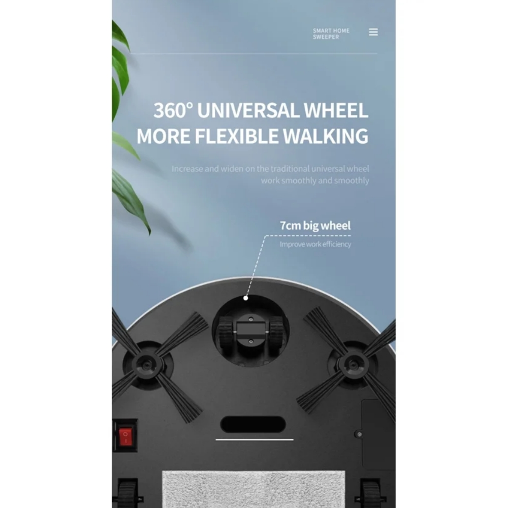 Das Bild zeigt einen Roboter-Staubsauger. Er hat Bürsten, Räder und einen roten Ein-/Ausschalter. Text hebt 360°-Rad für flexibles Gehen hervor.