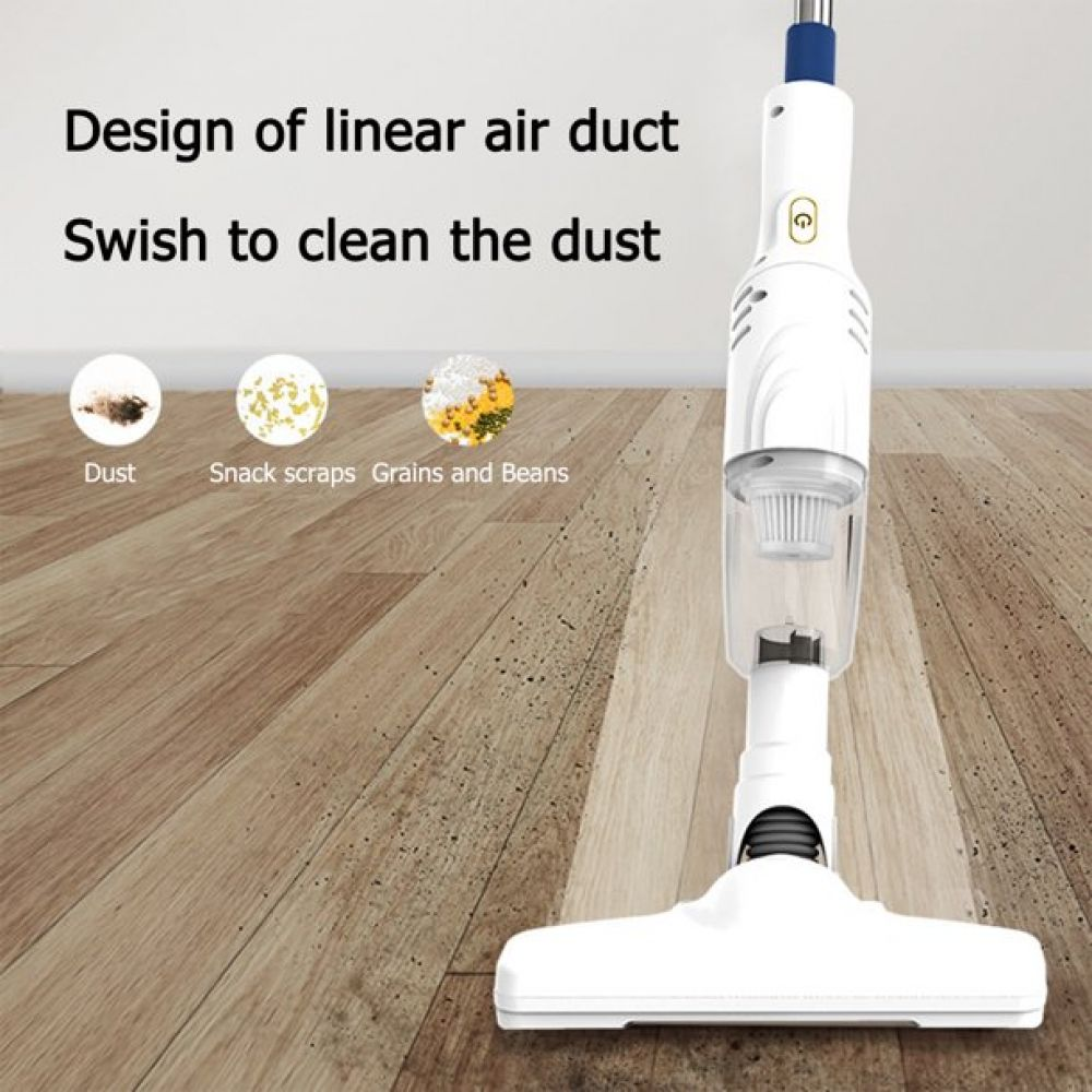 Ein weißer Staubsauger auf einem Holzboden. Der Text lautet 'Design of linear air duct' und 'Swish to clean the dust'.