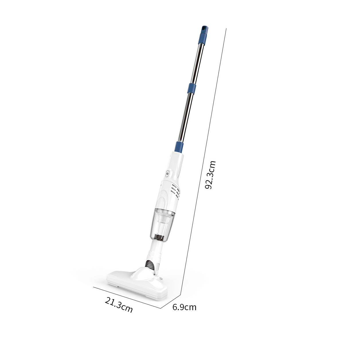 Ein weiß-blauer kabelloser Staubsauger ist schräg dargestellt. Abmessungen sind beschriftet: 92,3 cm, 21,3 cm und 6,9 cm auf weißem Hintergrund.