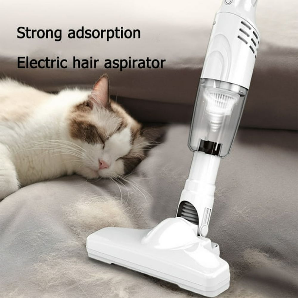 Eine weiße Katze schläft auf einer grauen Oberfläche. Ein weißer Staubsauger ist bereit, Katzenhaare zu reinigen. Der Text lautet 'Starke Adsorption, Elektrischer Haarabsauger'.