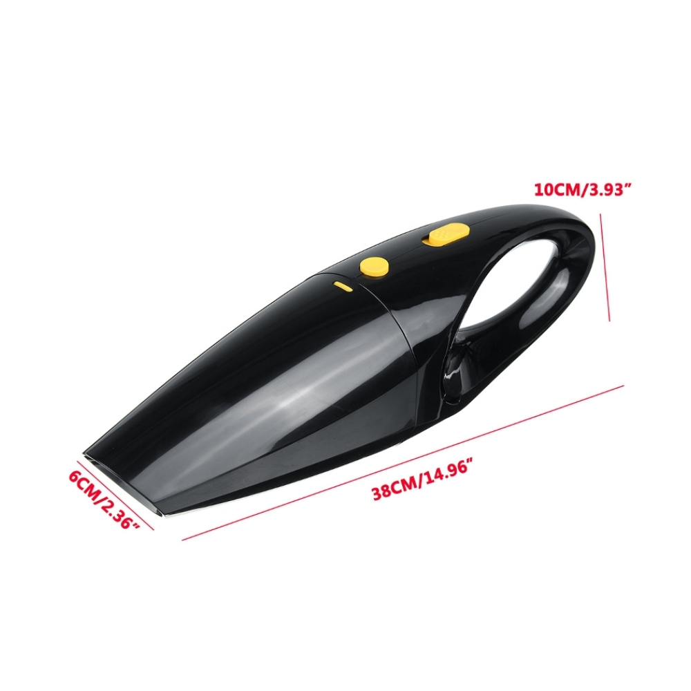Ein schwarzer Handstaubsauger mit gelben Knöpfen. Abmessungen: 38 cm/14,96 Zoll, 10 cm/3,93 Zoll und 6 cm/2,36 Zoll.