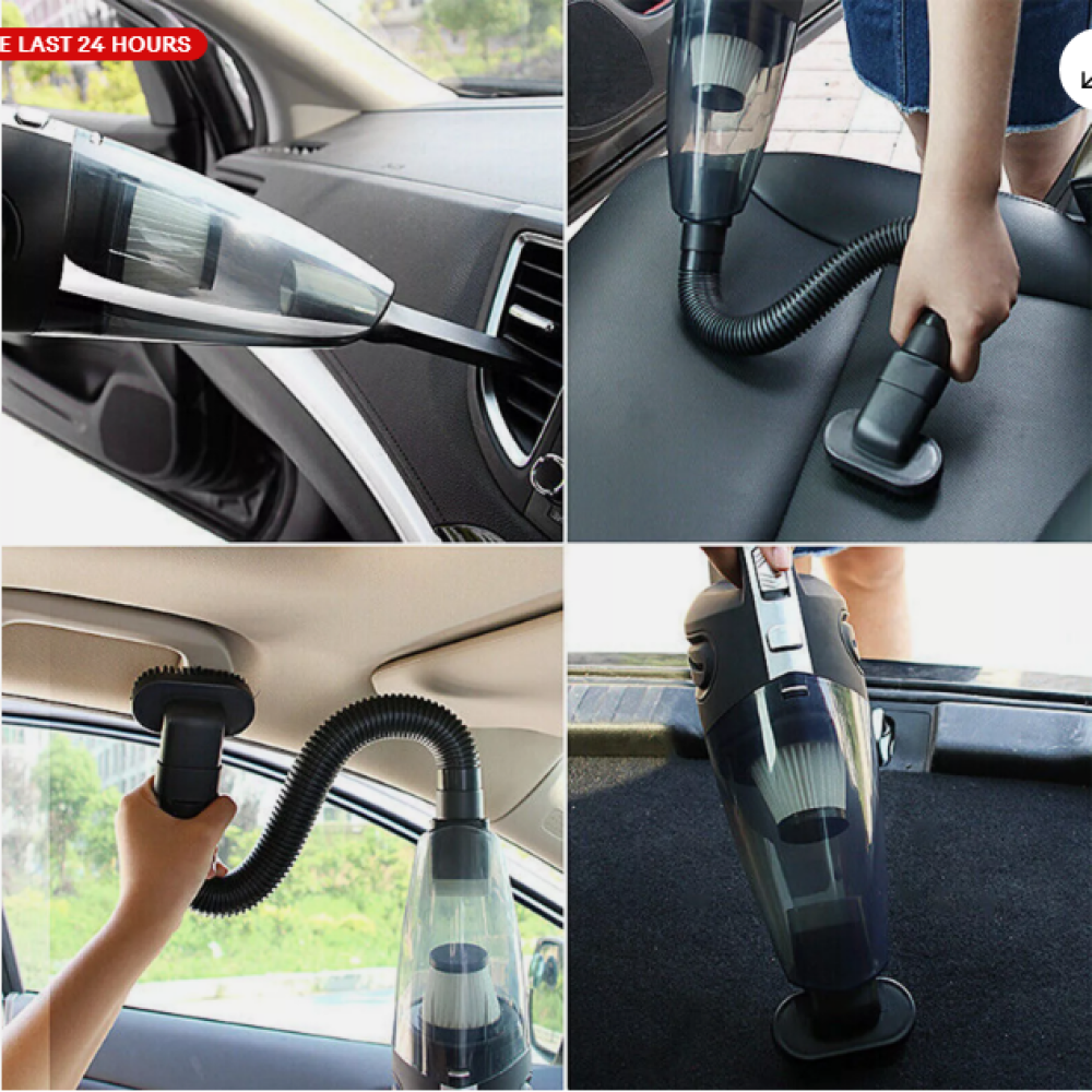 Ein Handstaubsauger wird in einem Auto verwendet. Er reinigt Armaturenbrett, Sitze, Decke und Boden. Der Staubsauger ist schwarz und grau.