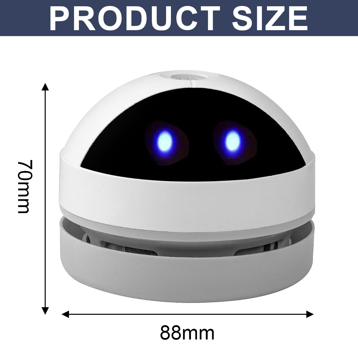 Ein weißes und graues roboterähnliches Gerät mit blau leuchtenden Augen. Abmessungen sind 70 mm x 88 mm. Oben steht 'PRODUCT SIZE'.