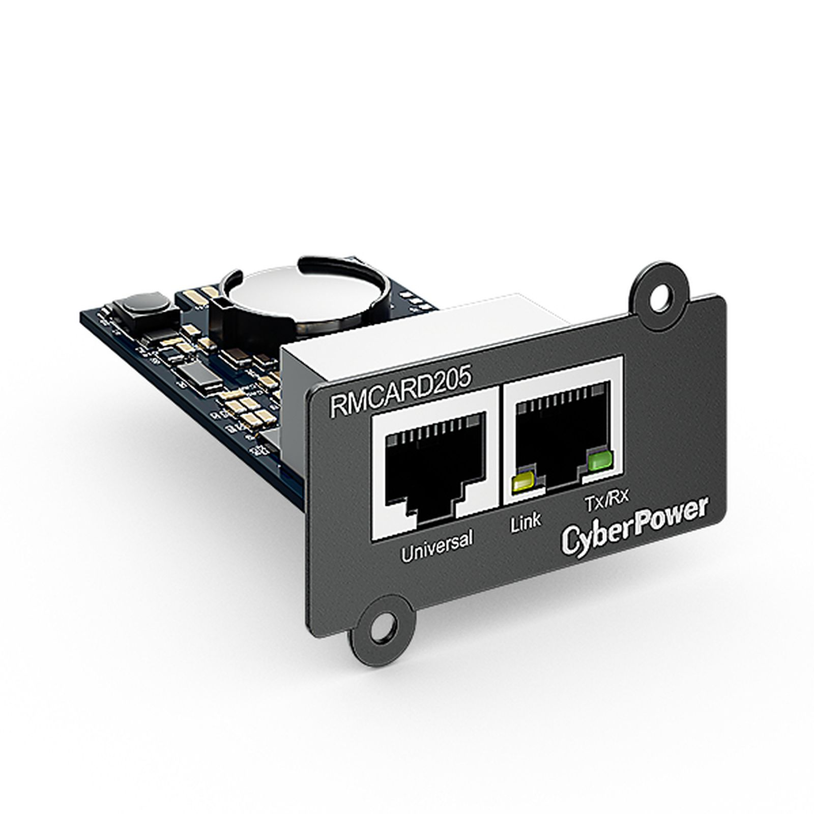 Karta sieciowa CyberPower z dwoma portami RJ45 oznaczonymi jako Universal i Link oraz małą płytką obwodu.