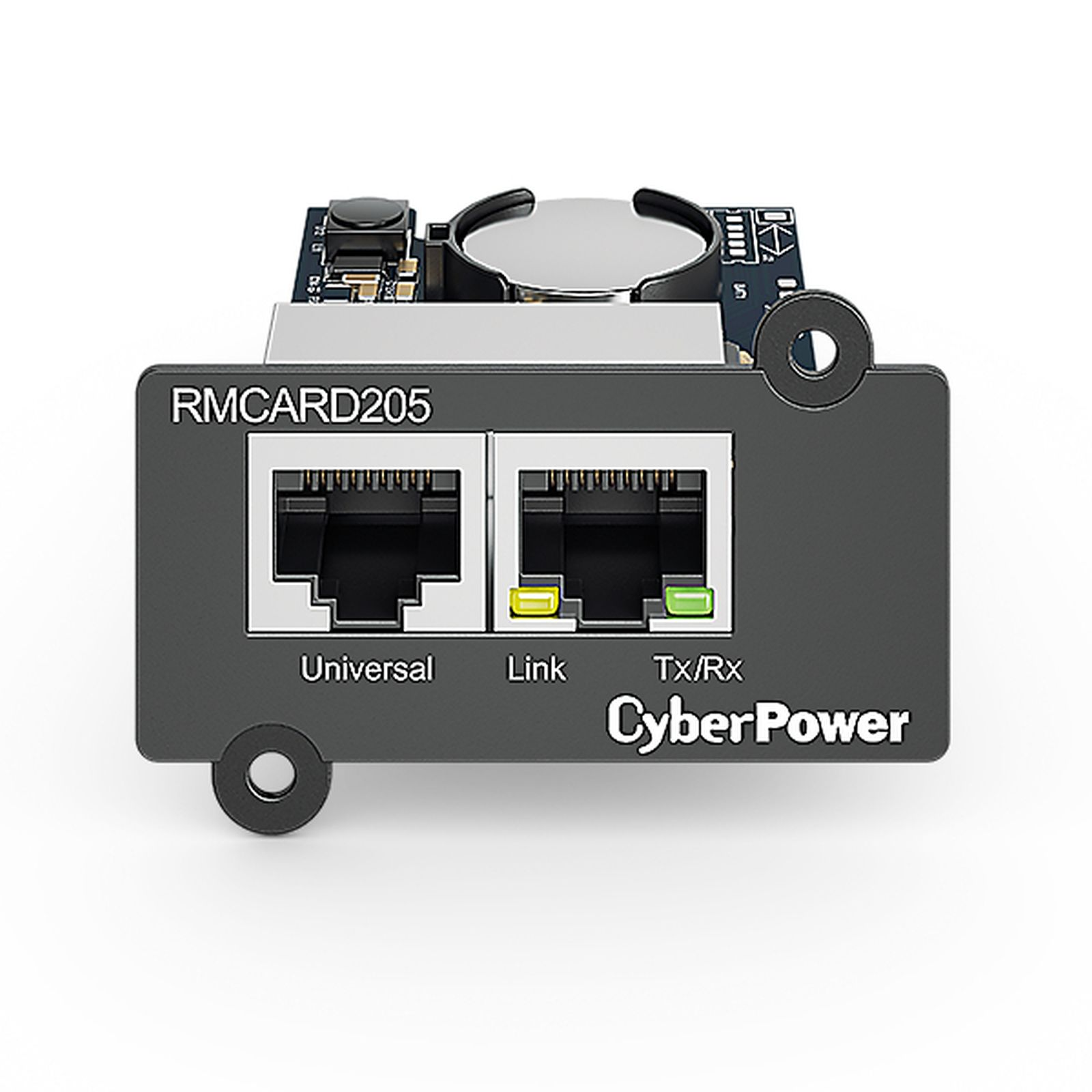 Karta sieciowa CyberPower. Czarny i szary komponent z portami Universal, Link i Tx/Rx.