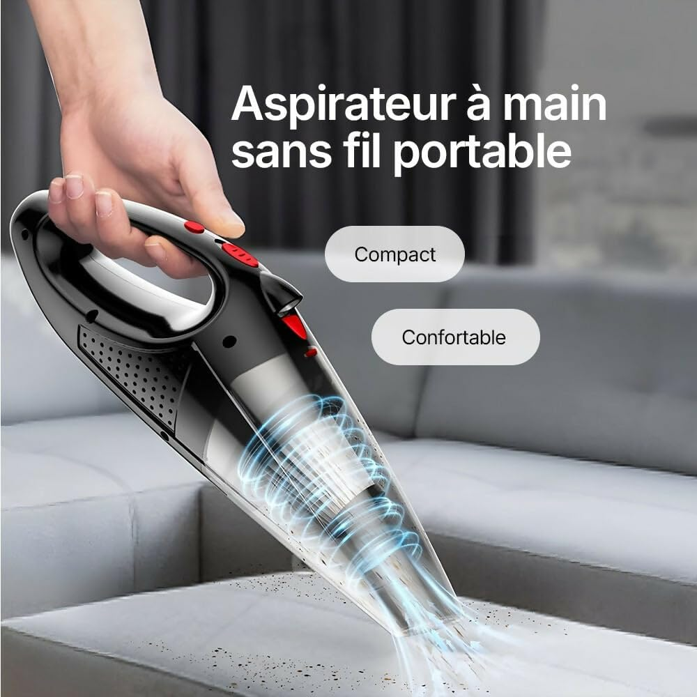 Eine Hand hält einen schwarzen und roten kabellosen Staubsauger, der ein graues Sofa reinigt. Text lautet 'Compact' und 'Comfortable'.