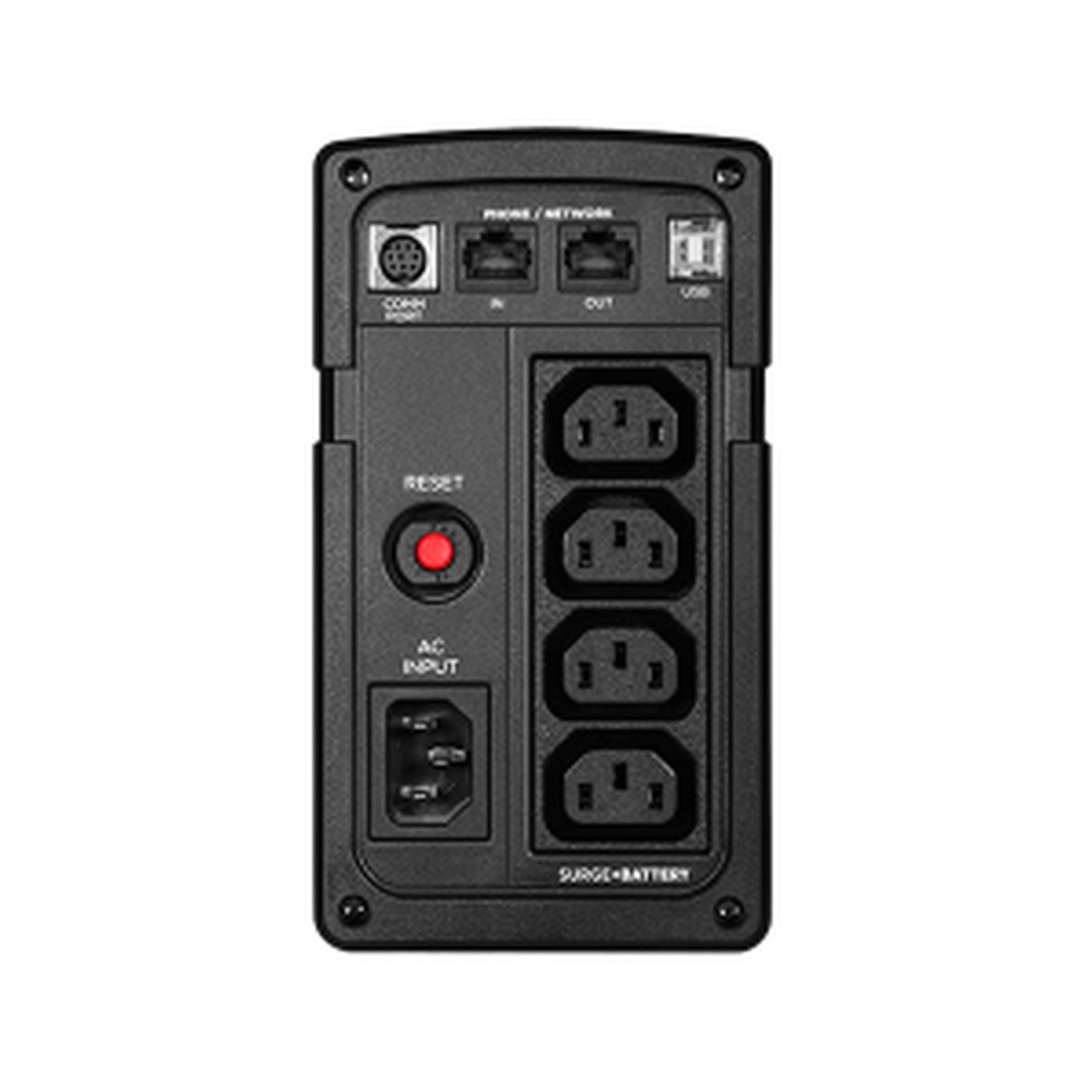 Schwarzes USV-Gerät mit verschiedenen Anschlüssen und Steckdosen. Enthält eine Reset-Taste und einen AC-Eingang.