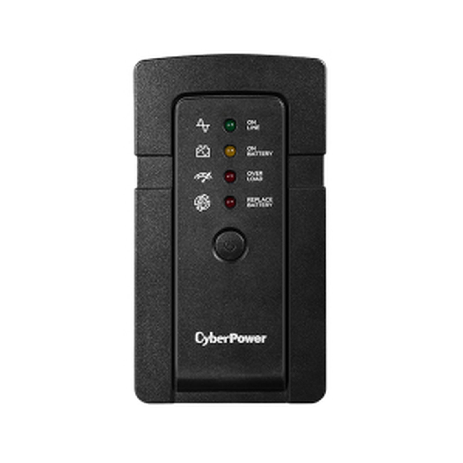 Schwarzes CyberPower USV-Gerät. Anzeigen zeigen den Status. Ein Knopf und der Markenname sind sichtbar.