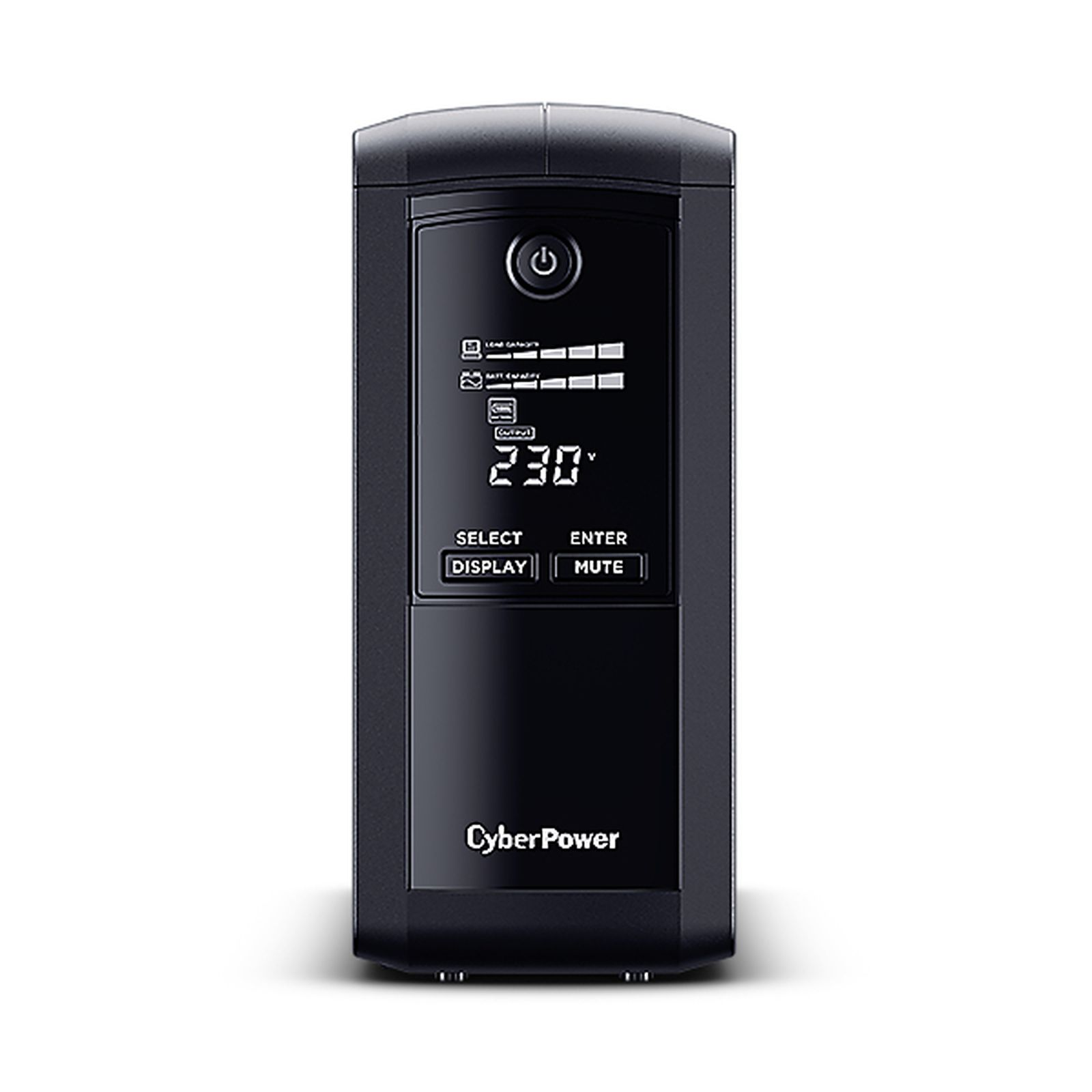 Dispositivo UPS CyberPower nero. Visualizza la tensione di 230V e ha pulsanti per display, selezione, invio, mute e stato batteria.