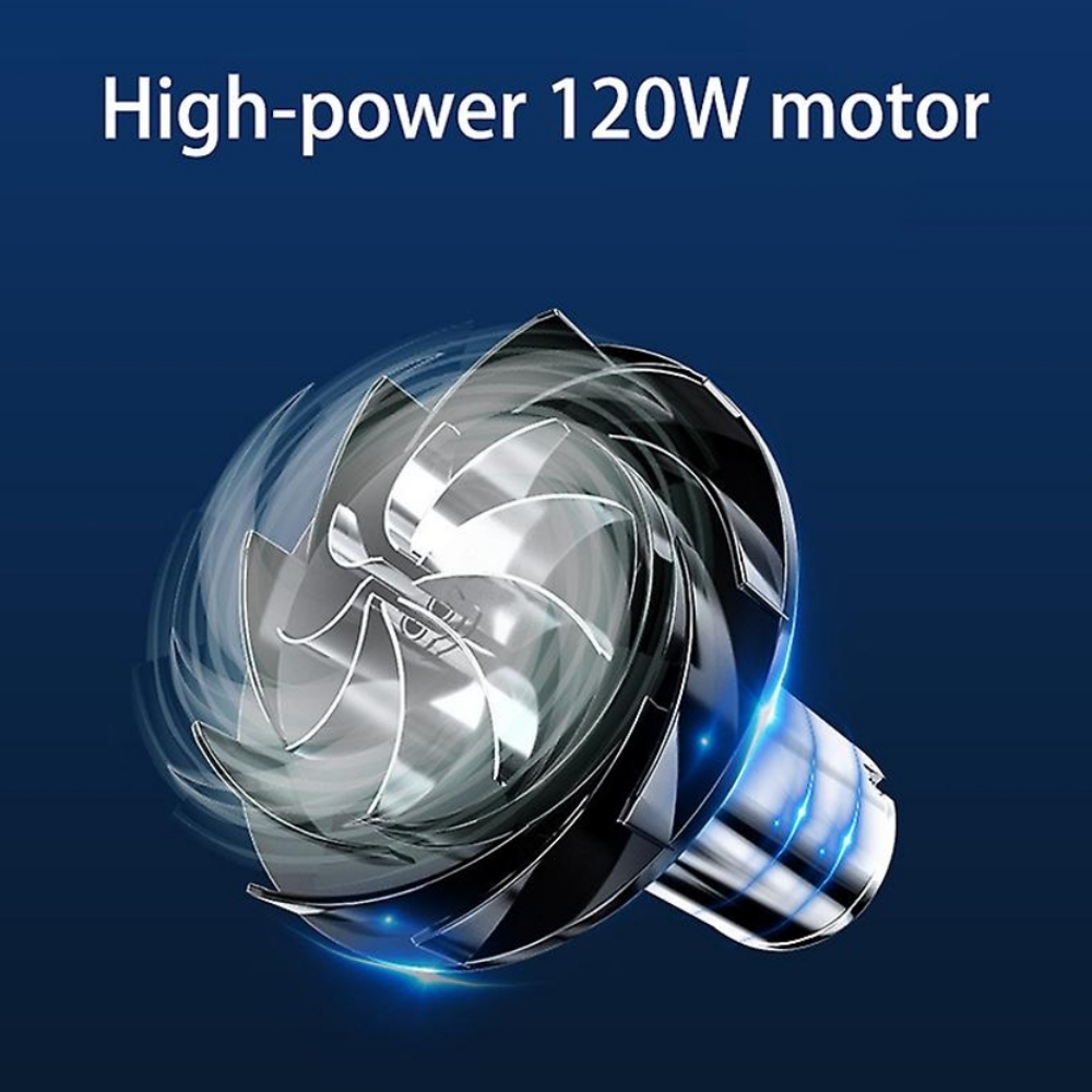 Nahaufnahme eines silbernen Motorlüfters mit blauem Hintergrund und Text 'High-power 120W motor'.